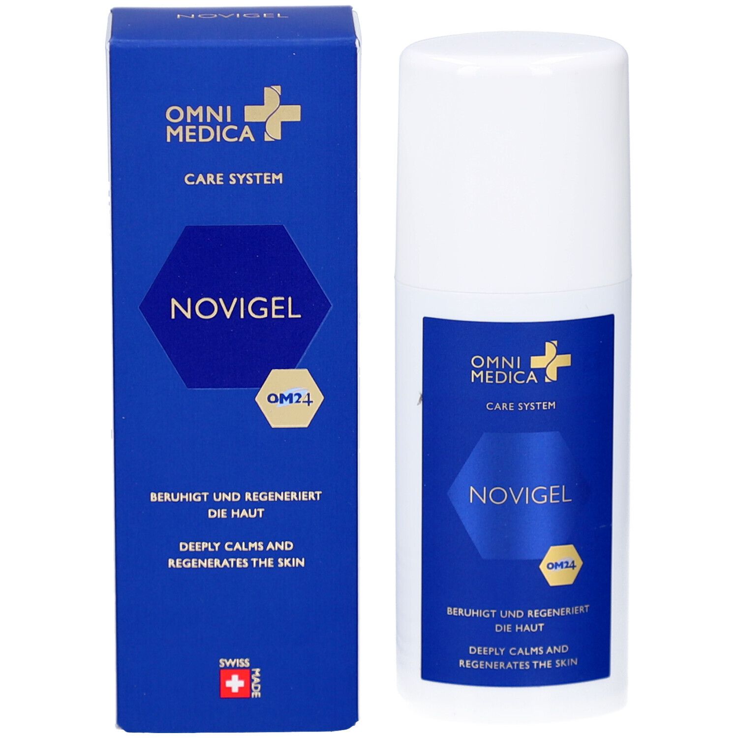 Produktverpackung und Flasche. Blaue Schachtel mit weißer Flasche. OMNI MEDICA und NOVIGEL-Logo. Text: Beruhigt und regeneriert die Haut.