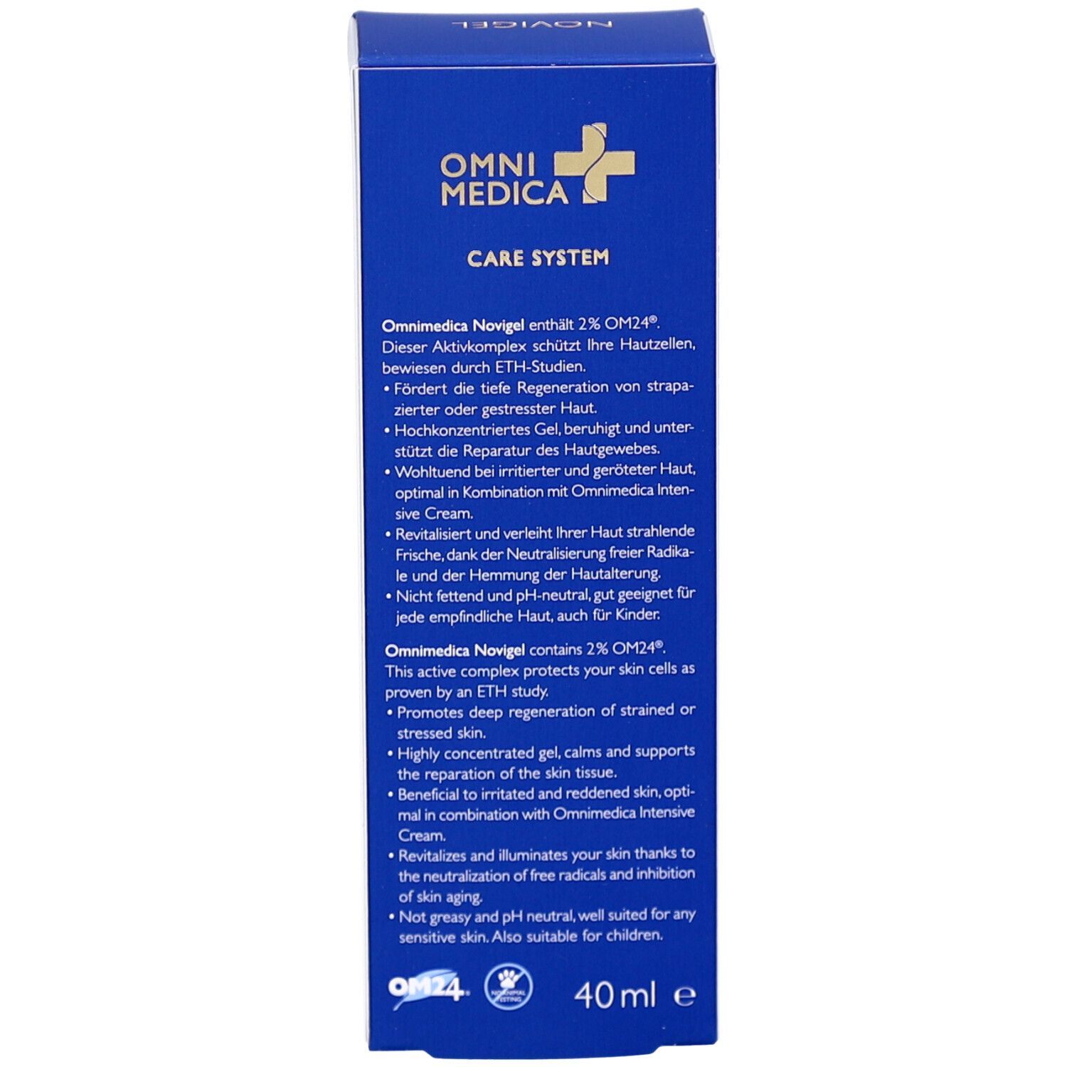 Seite der blauen Produktverpackung. Textinformationen: Omnimedica Novigel enthält 2% OM24. 40 ml.
