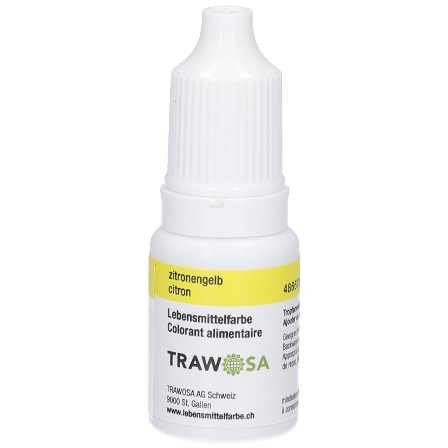 Weiße Flasche mit gelbem Etikett. Aufschrift: zitronengelb, Lebensmittelfarbe, TRAWOSA. Tropfflasche.