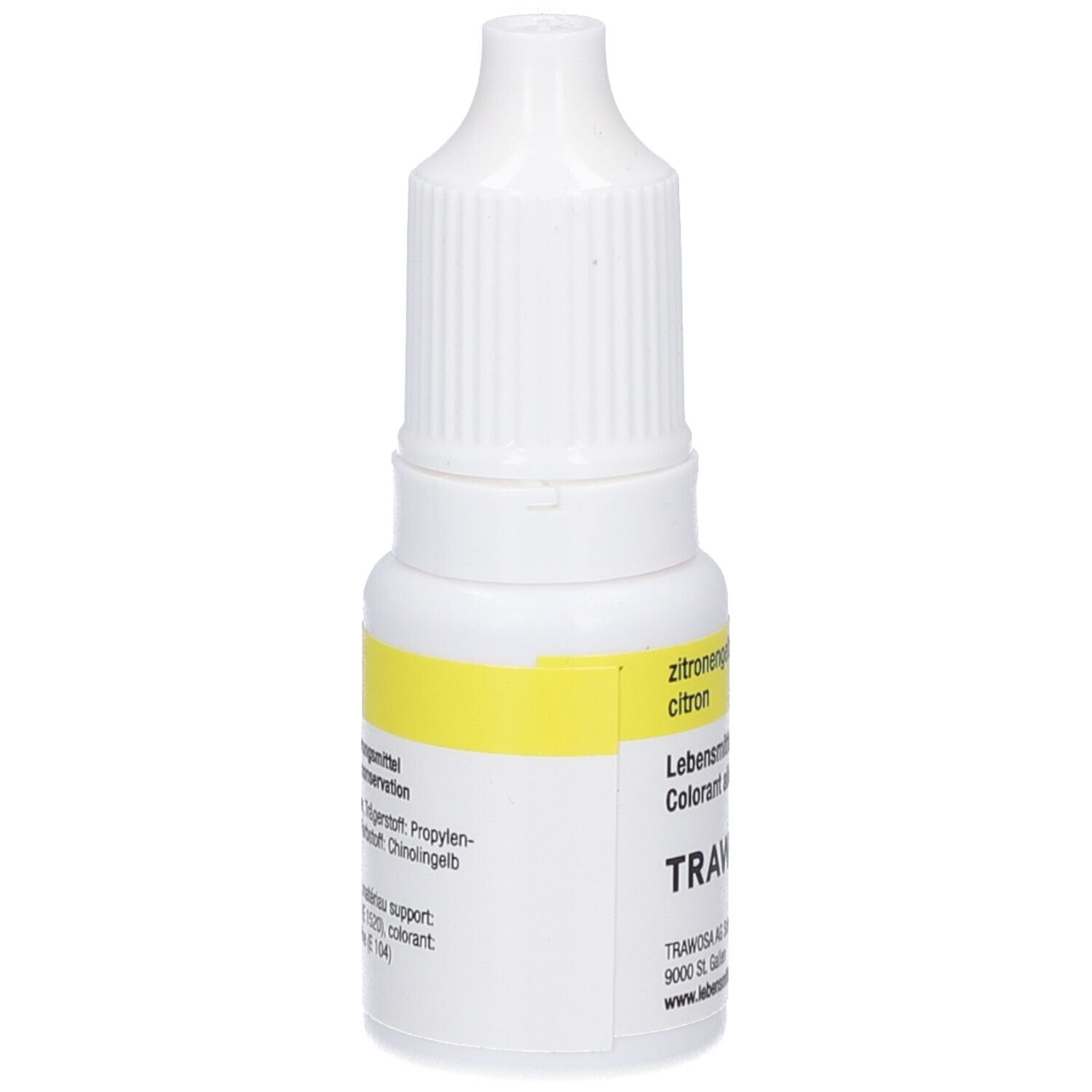 Weiße Flasche mit gelbem Etikett. Aufschrift: zitronengelb, Lebensmittelfarbe, TRAWOSA. Rückseite mit Inhaltsstoffen.