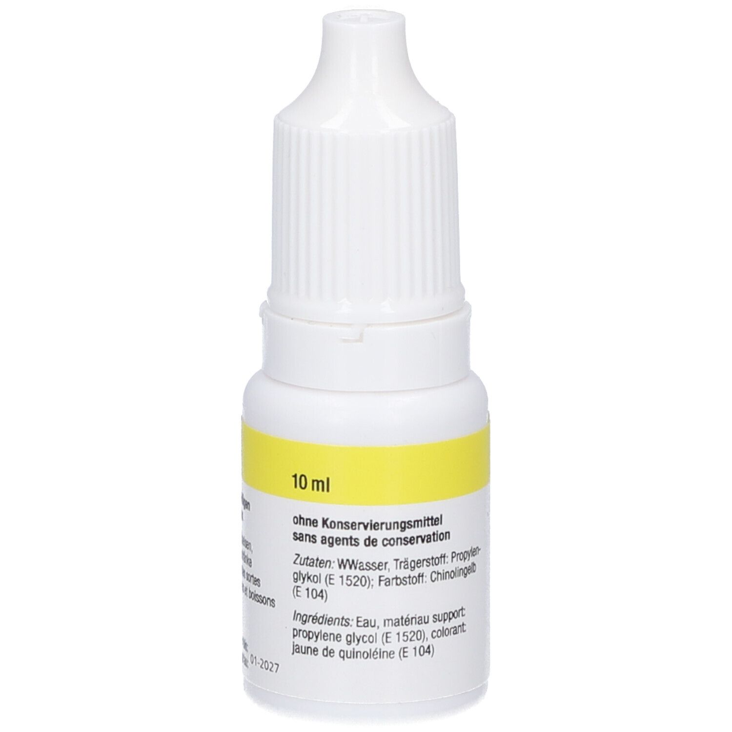Weiße Flasche mit gelbem Etikett. Aufschrift: 10 ml, ohne Konservierungsstoffe. Zutatenliste. Tropfflasche.