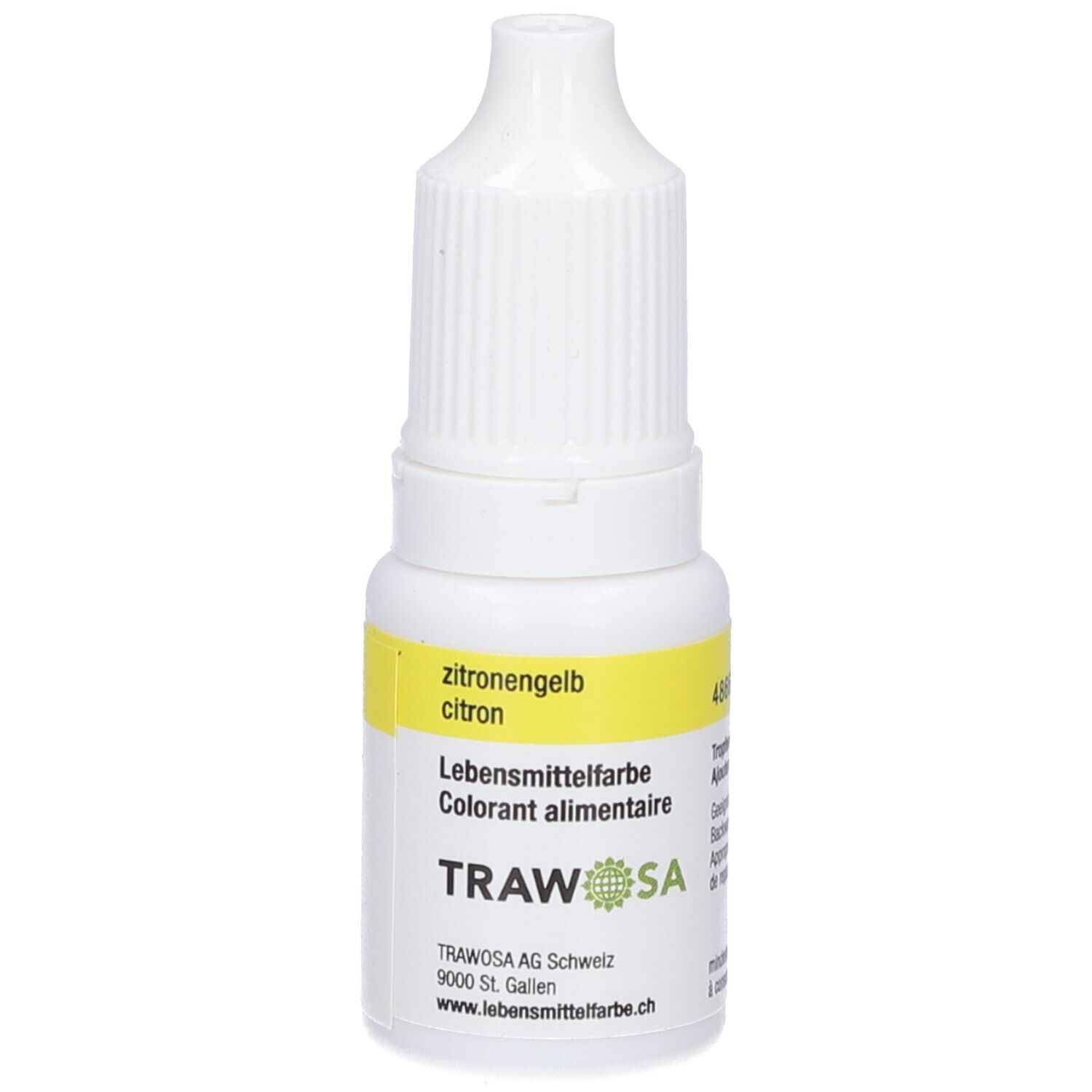 Weiße Flasche mit gelbem Etikett. Aufschrift: zitronengelb, Lebensmittelfarbe, TRAWOSA. Tropfflasche.