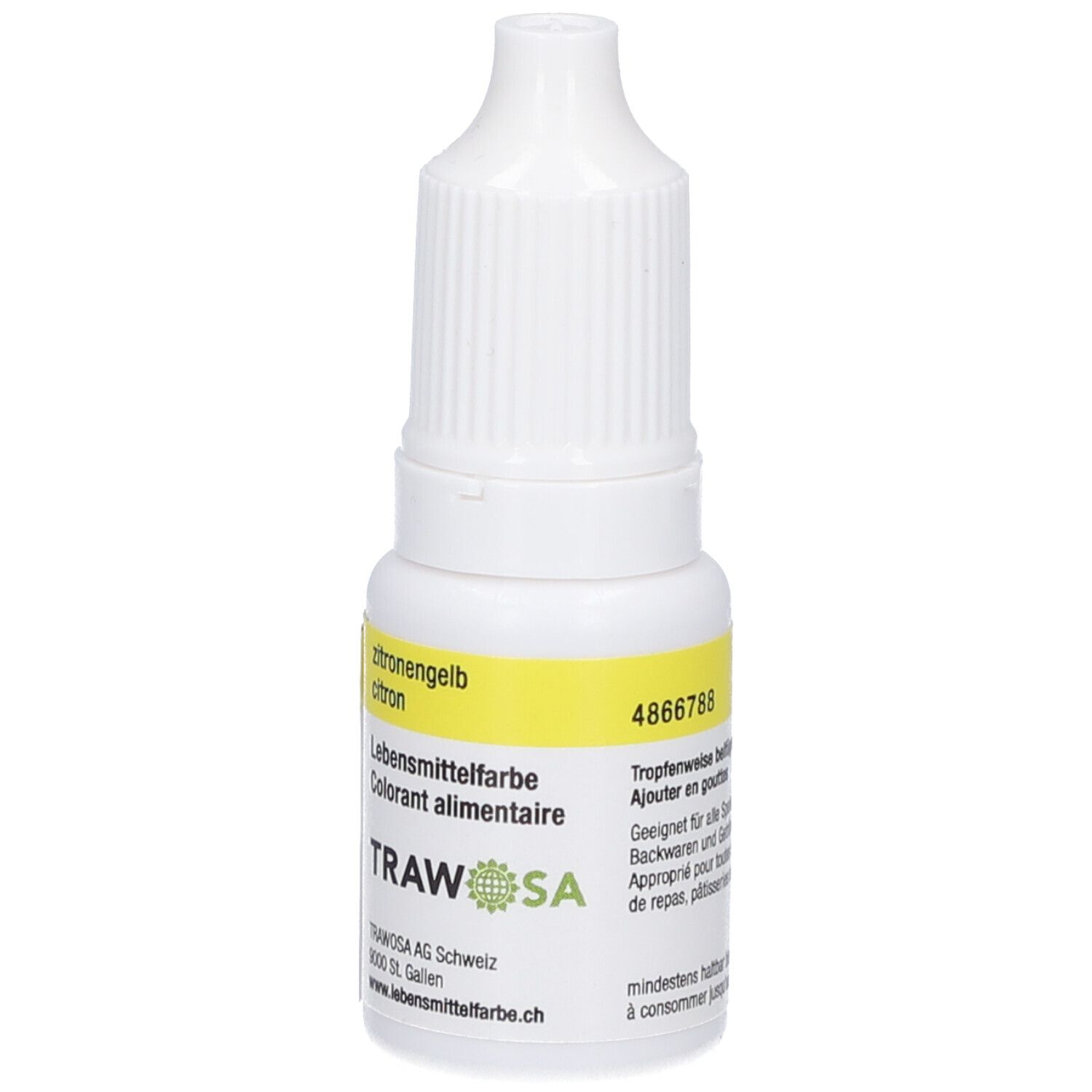 Weiße Flasche mit gelbem Etikett. Aufschrift: zitronengelb, Lebensmittelfarbe, TRAWOSA. Tropfflasche. Code 4866788.