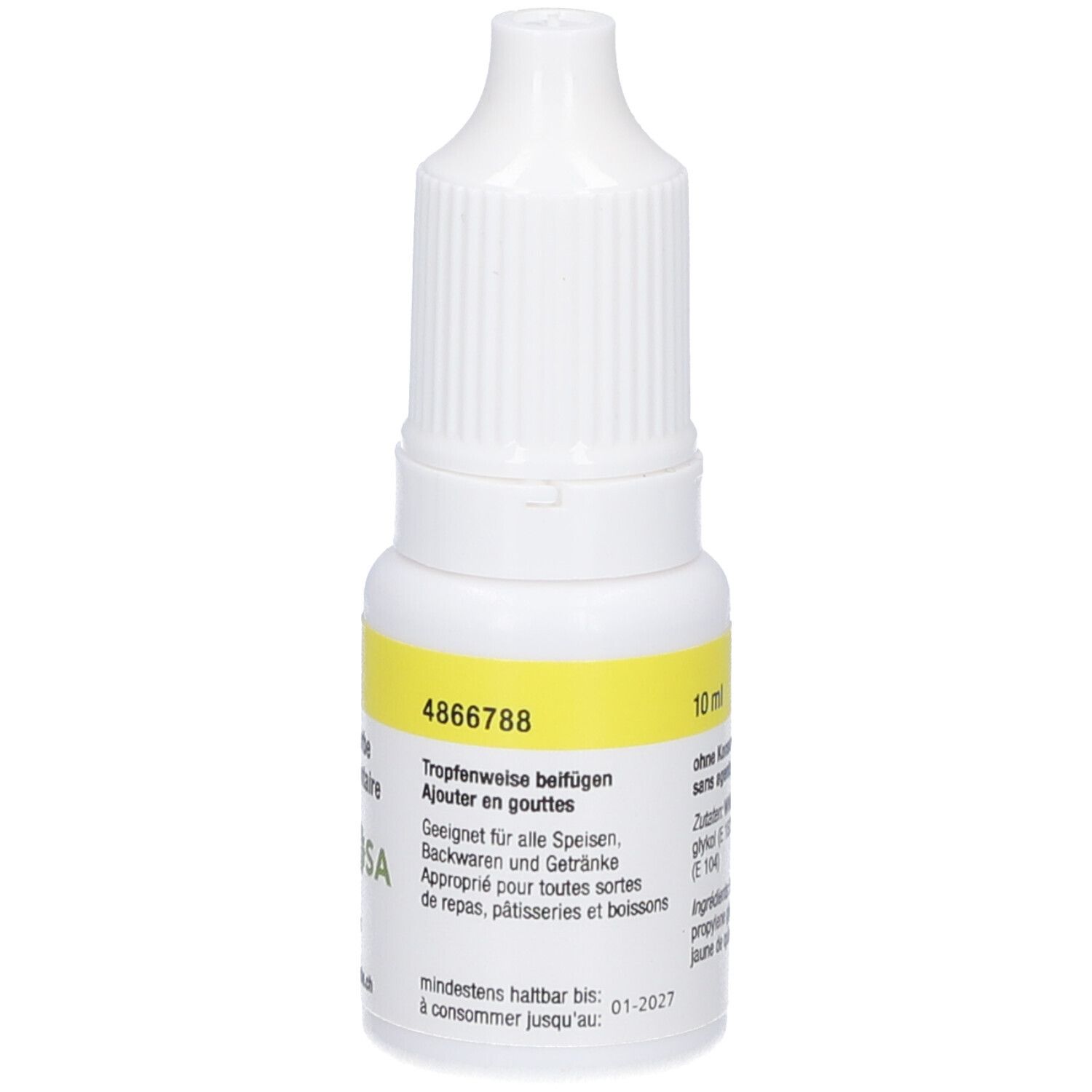 Weiße Flasche mit gelbem Etikett. Aufschrift: 10 ml, 4866788. Anwendungshinweise. Mindestens haltbar bis: 01-2027.