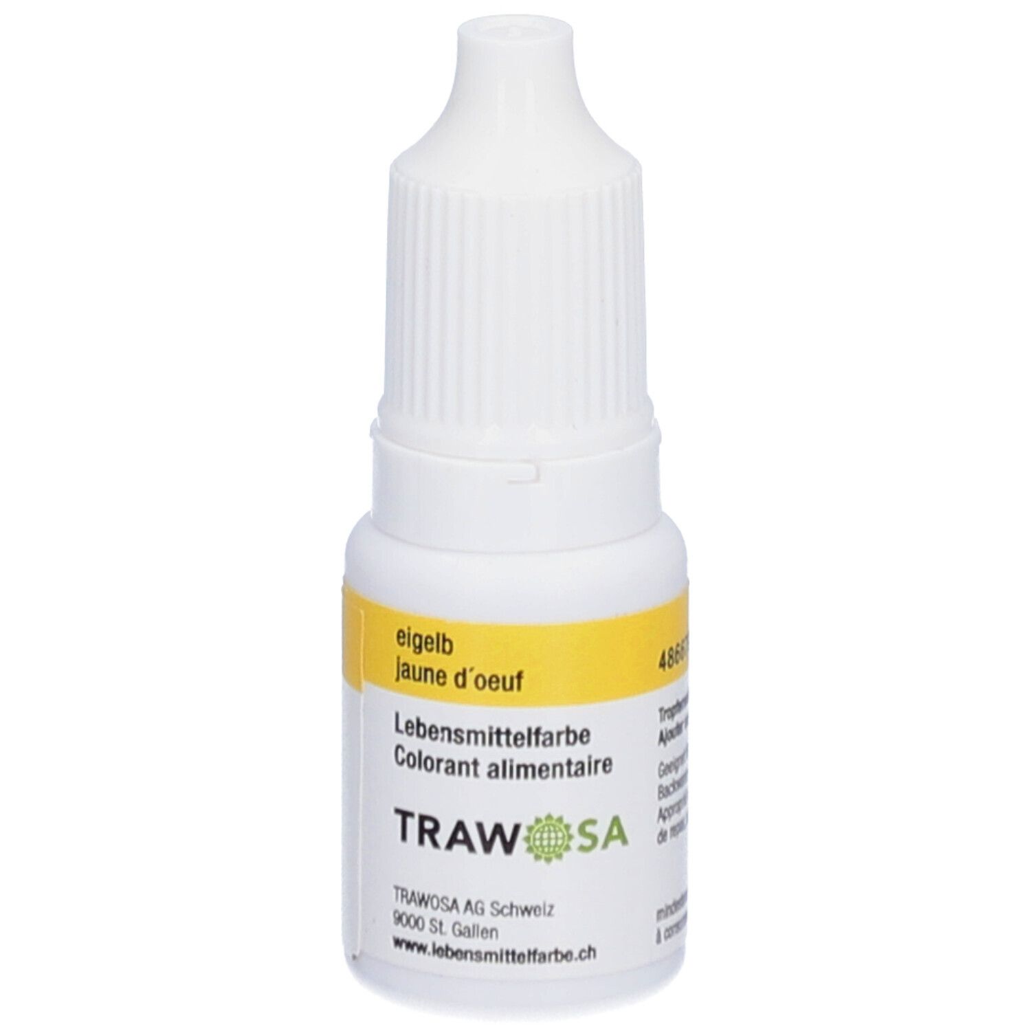 Colorant alimentaire jaune en flacon compte-gouttes blanc. Inscription : TRAWOSA, eigelb, jaune d'oeuf.