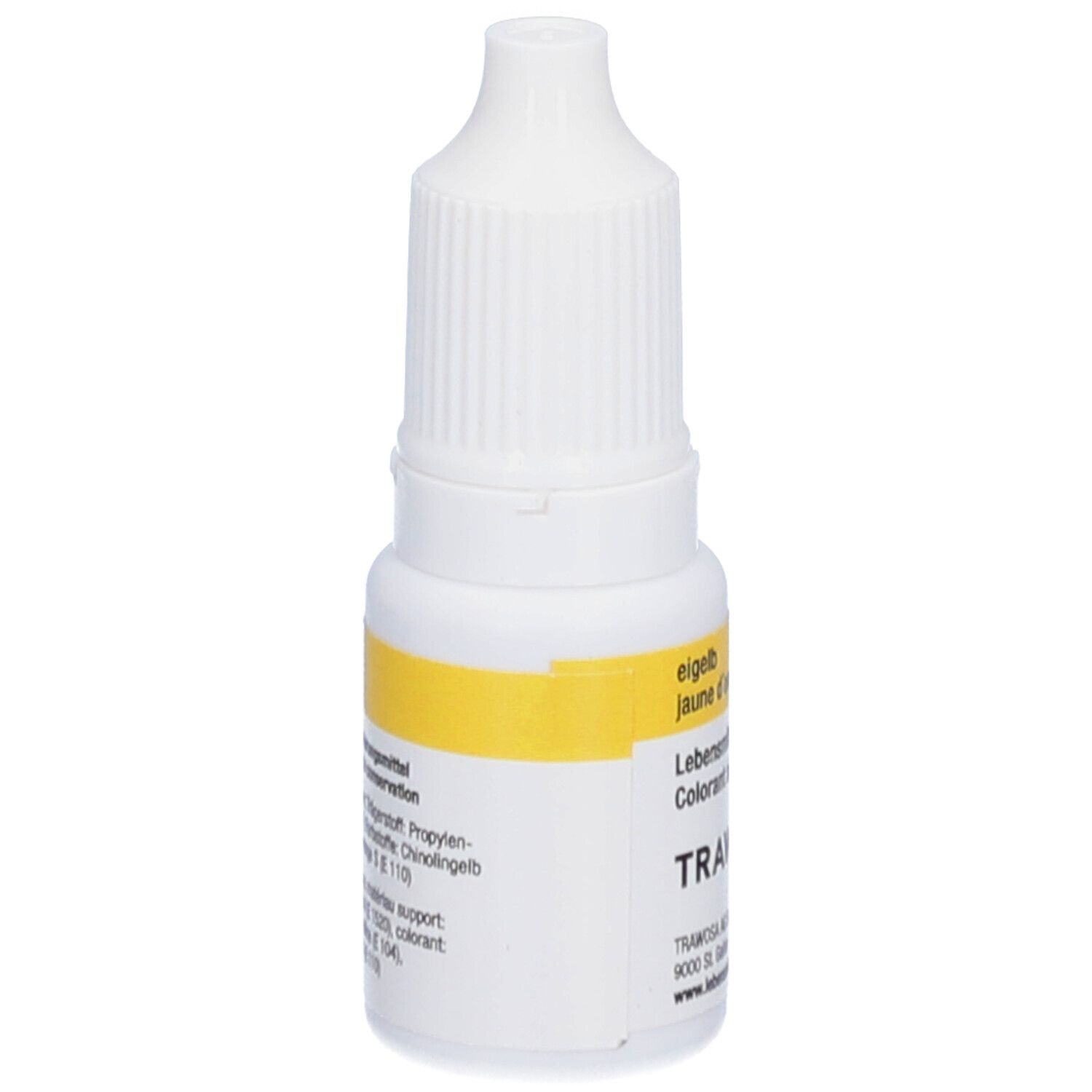 Flacon compte-gouttes blanc avec étiquette jaune. Inscription : eigelb, jaune d'oeuf, colorant alimentaire, TRAWOSA.