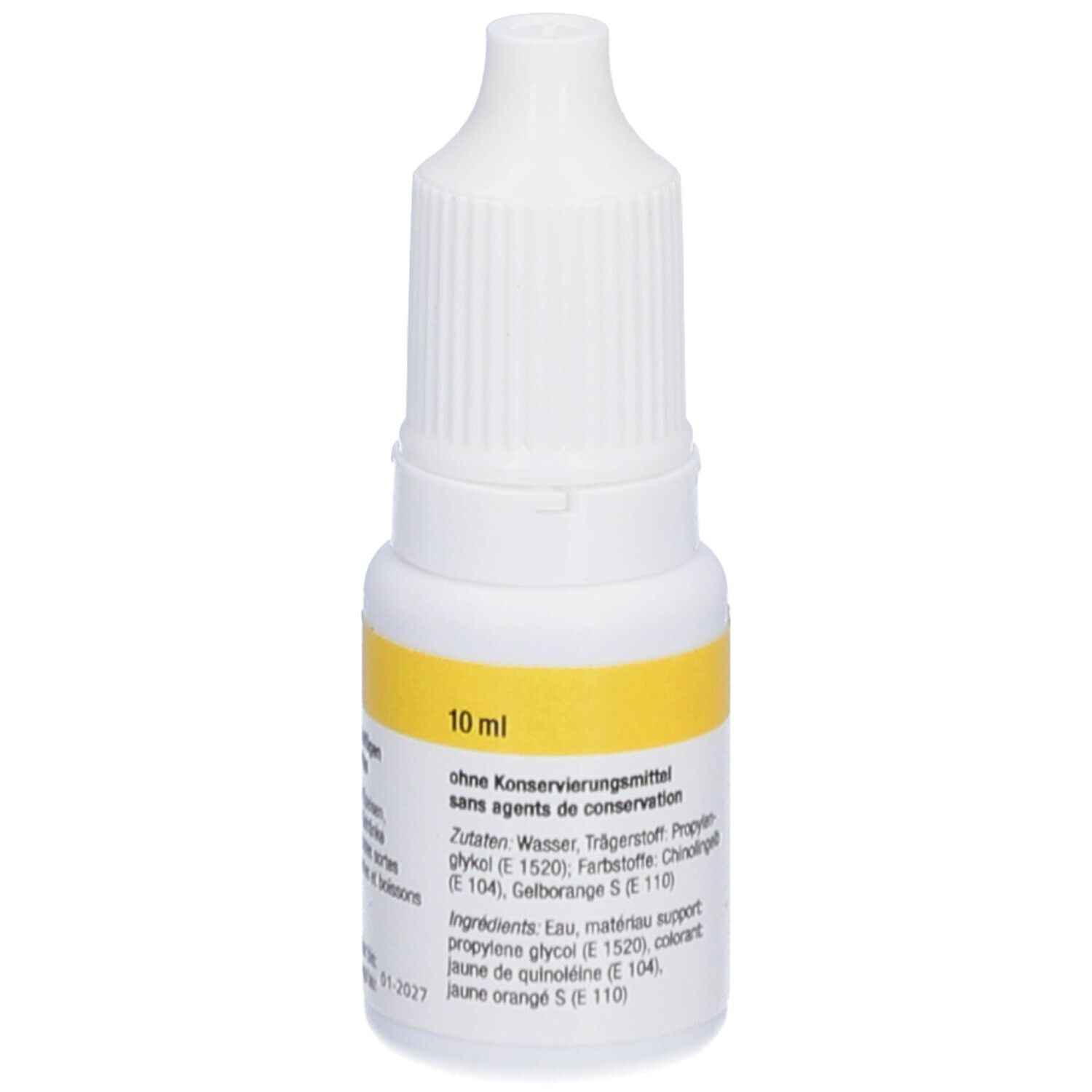 Flacon compte-gouttes blanc avec étiquette jaune. Inscription : 10 ml, sans conservateurs. Liste des ingrédients.