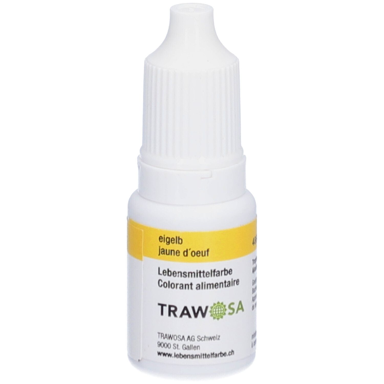 Flacon compte-gouttes blanc avec étiquette jaune. Inscription : eigelb, jaune d'oeuf, colorant alimentaire, TRAWOSA.