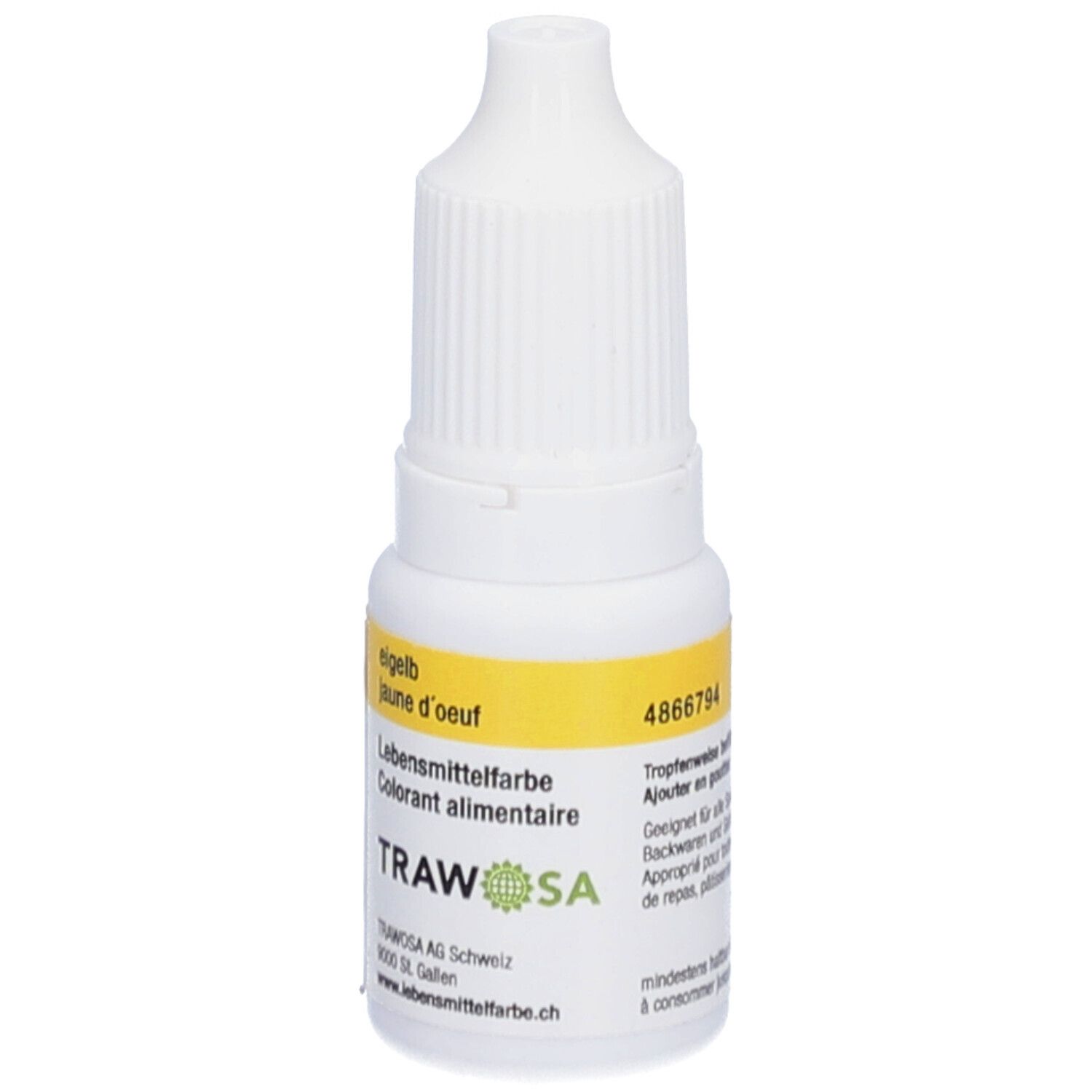 Flacon compte-gouttes blanc avec étiquette jaune. Inscription : eigelb, jaune d'oeuf, colorant alimentaire, TRAWOSA, 4866794.