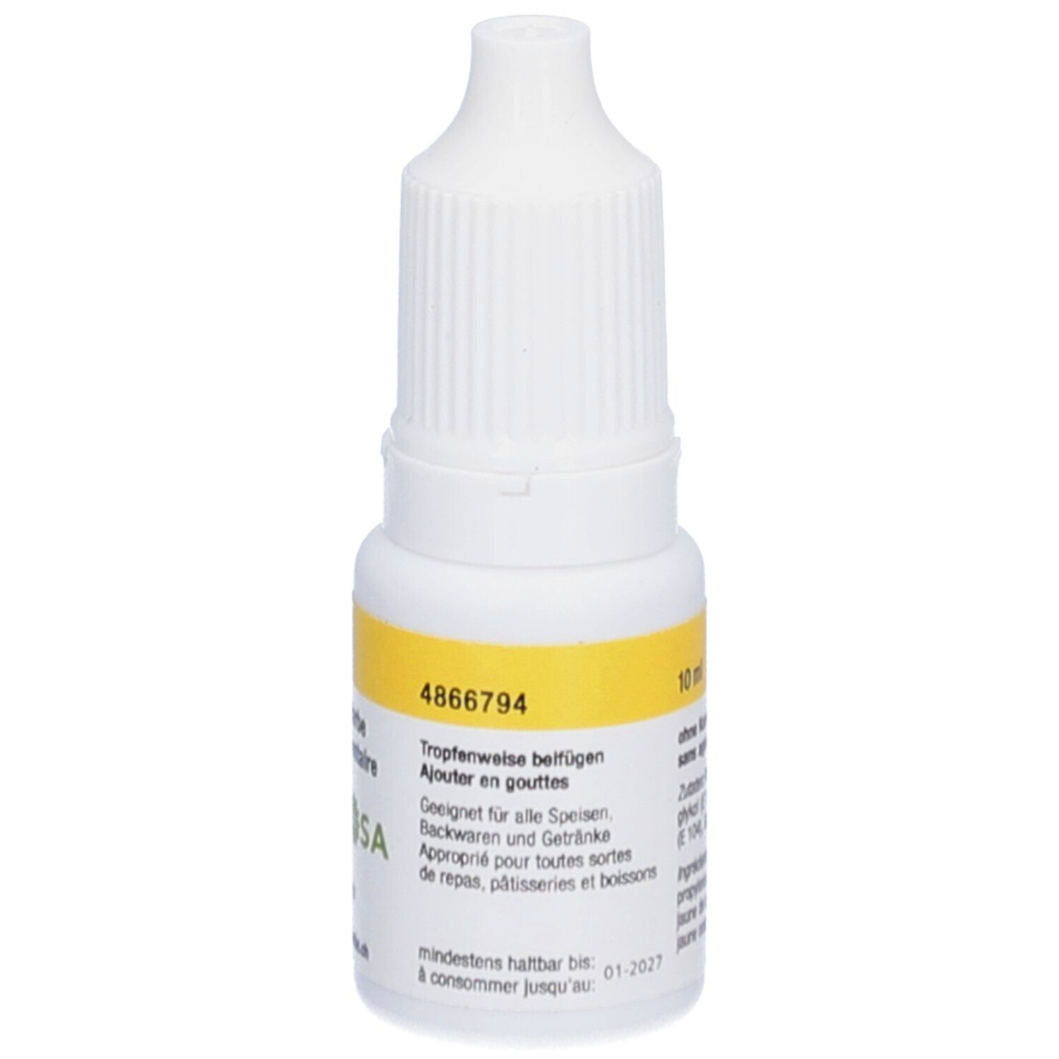 Flacon compte-gouttes blanc avec étiquette jaune. Inscription : 10 ml, 4866794, convient aux aliments et boissons.