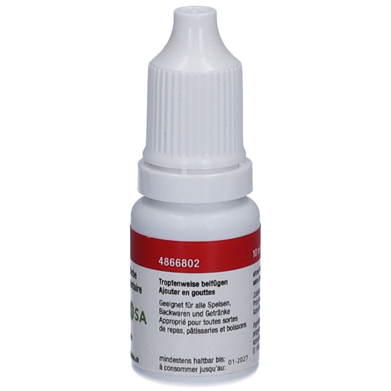 Flacon blanc avec étiquette rouge. Inscription: 4866802, Ajouter en gouttes. Texte: À consommer jusqu'au 01-2027.