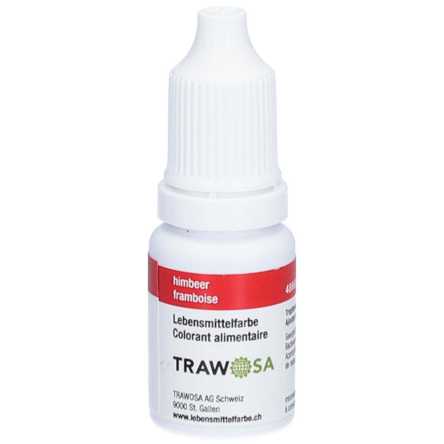 Flacon blanc avec étiquette rouge. Inscription: himbeer, Colorant alimentaire. Marque: TRAWOSA.