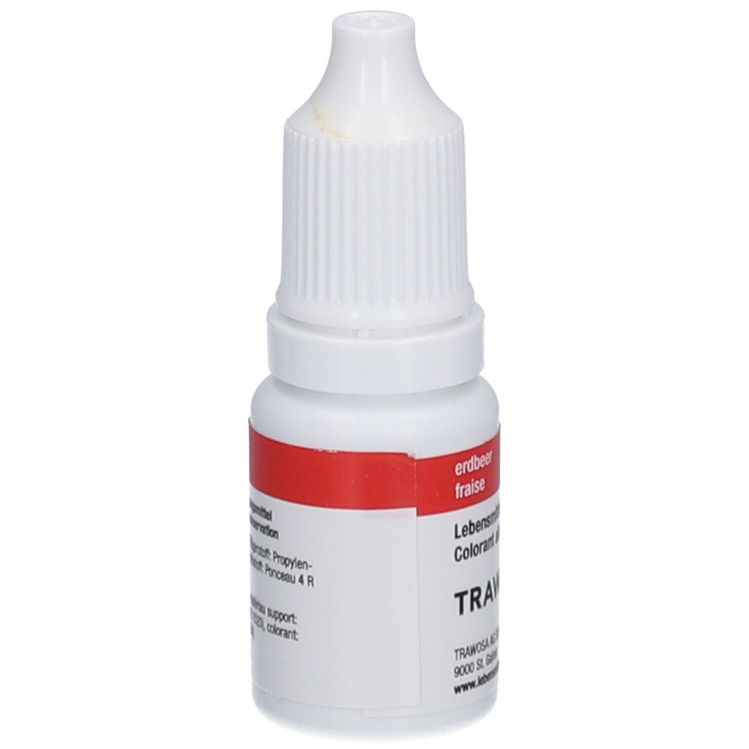 Flacon avec étiquette rouge. Inscription: erdbeer, colorant alimentaire, TRAWOSA. Bouchon blanc avec compte-gouttes.