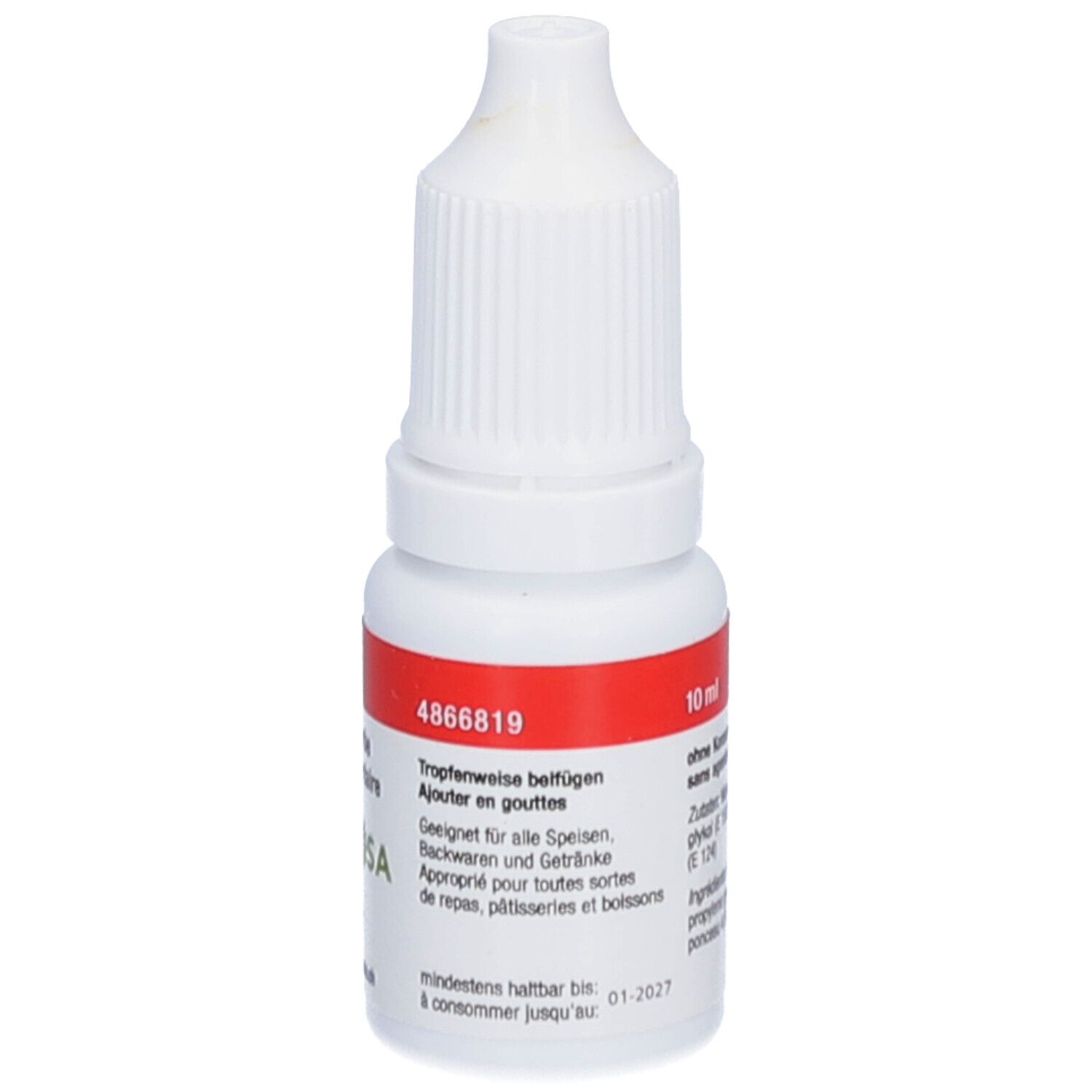 Flacon avec étiquette rouge. Inscription: 10 ml, code 4866819. Convient aux aliments. Bouchon blanc avec compte-gouttes.