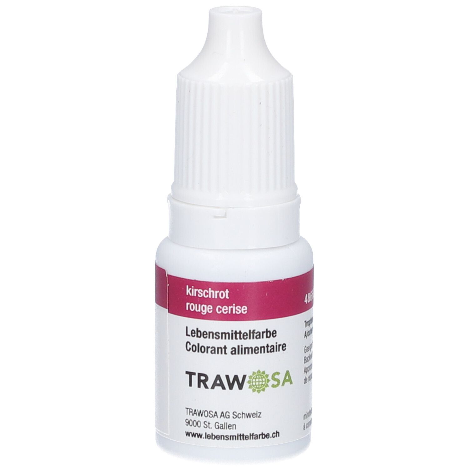 Flacon de colorant alimentaire rouge. Inscriptions : kirschrot, rouge cerise, Lebensmittelfarbe, Colorant alimentaire. Marque : TRAWOSA.