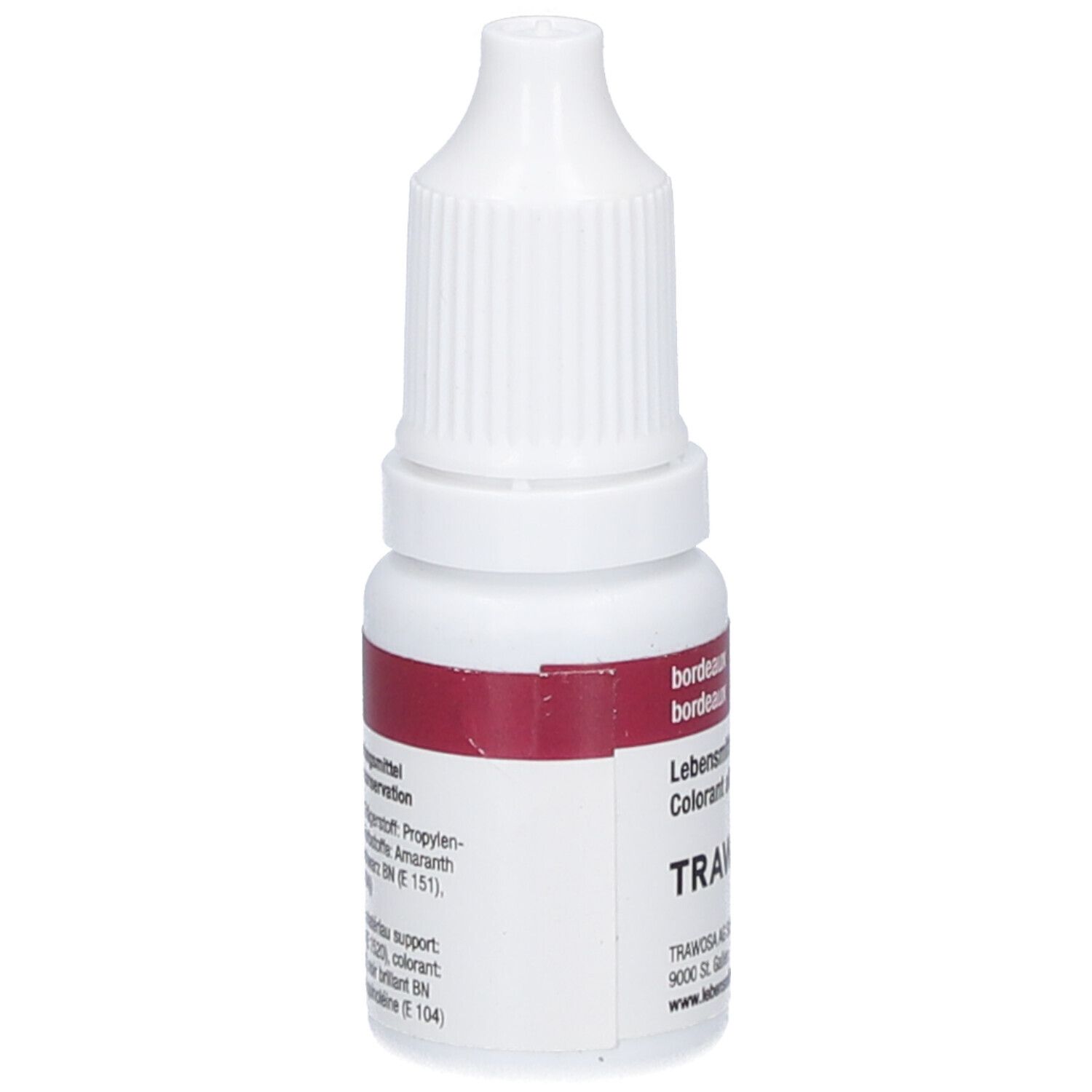 Weiße Flasche mit rotem Etikett. Text: bordeaux, Lebensmittelfarbe, TRAWOSA SA. Rückseite mit Inhaltsstoffen.