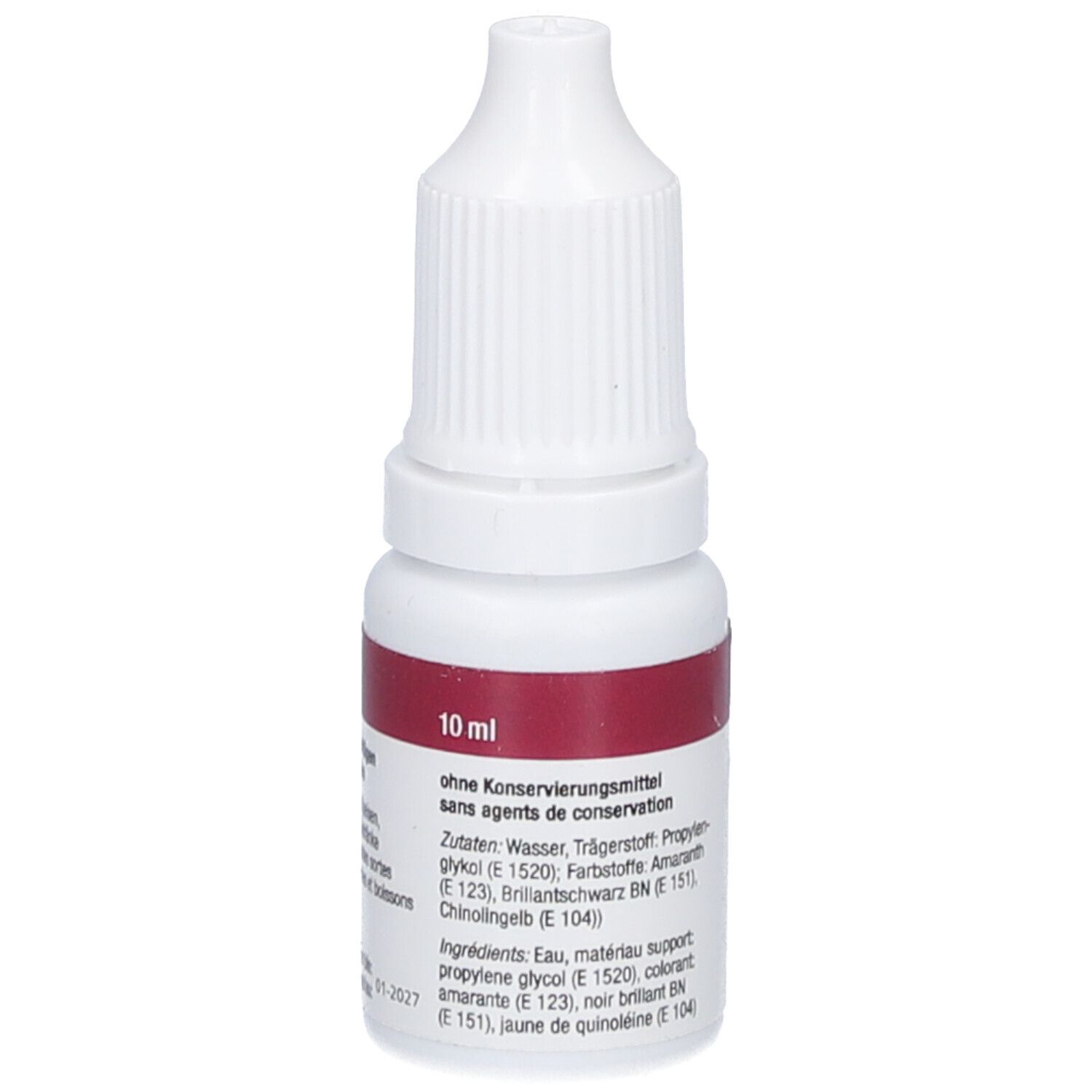 Weiße Flasche mit rotem Etikett. Text: 10 ml, ohne Konservierungsstoffe. Inhaltsstoffe in Deutsch und Französisch.