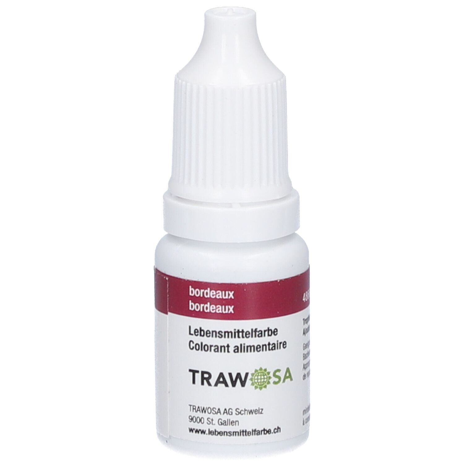 Lebensmittelfarbe bordeaux in weißer Flasche. Rotes Etikett mit Text: TRAWOSA SA, Lebensmittelfarbe, bordeaux.