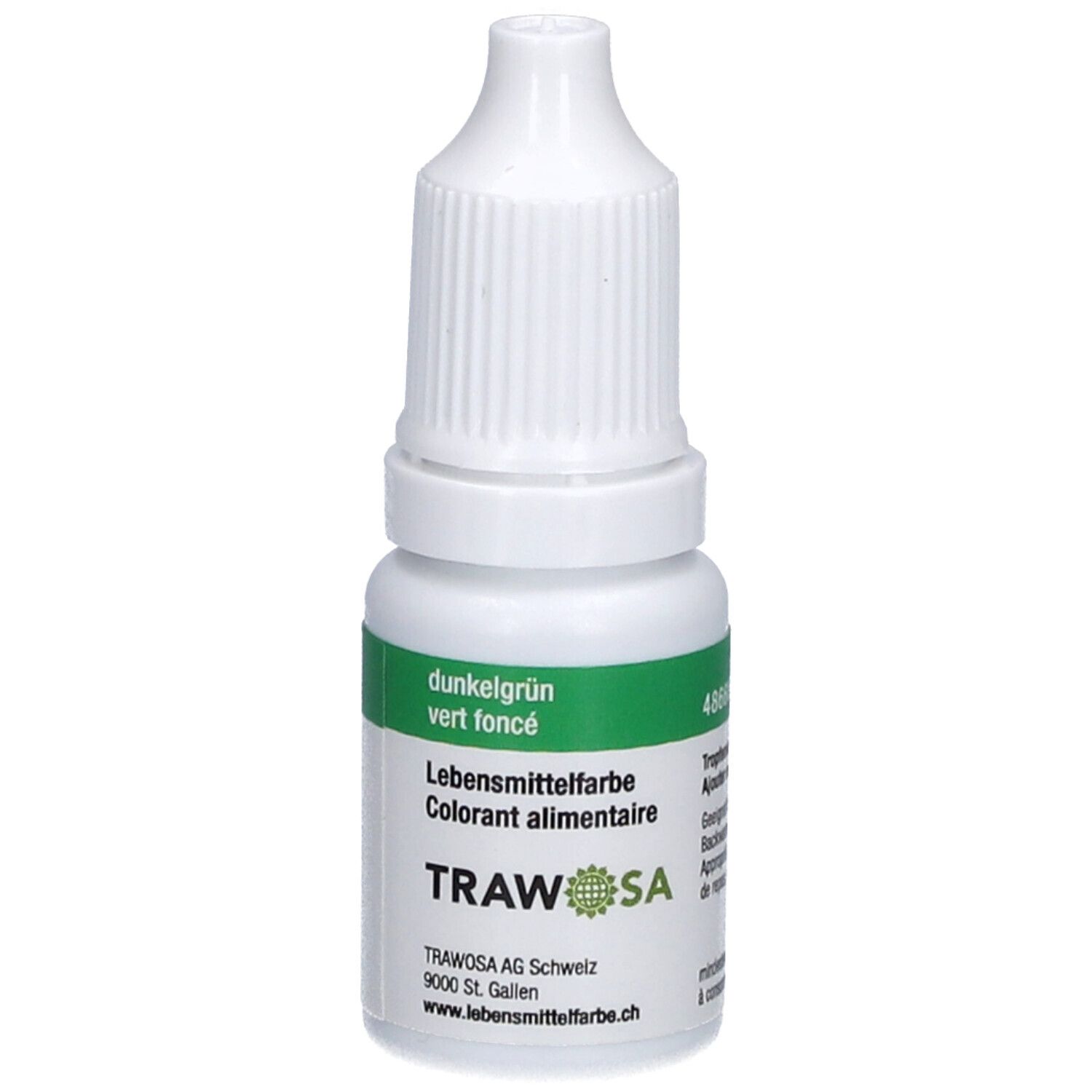 Weiße Flasche mit grünem Etikett. Aufschrift: dunkelgrün, Lebensmittelfarbe, TRAWOSA. Tropfflasche.