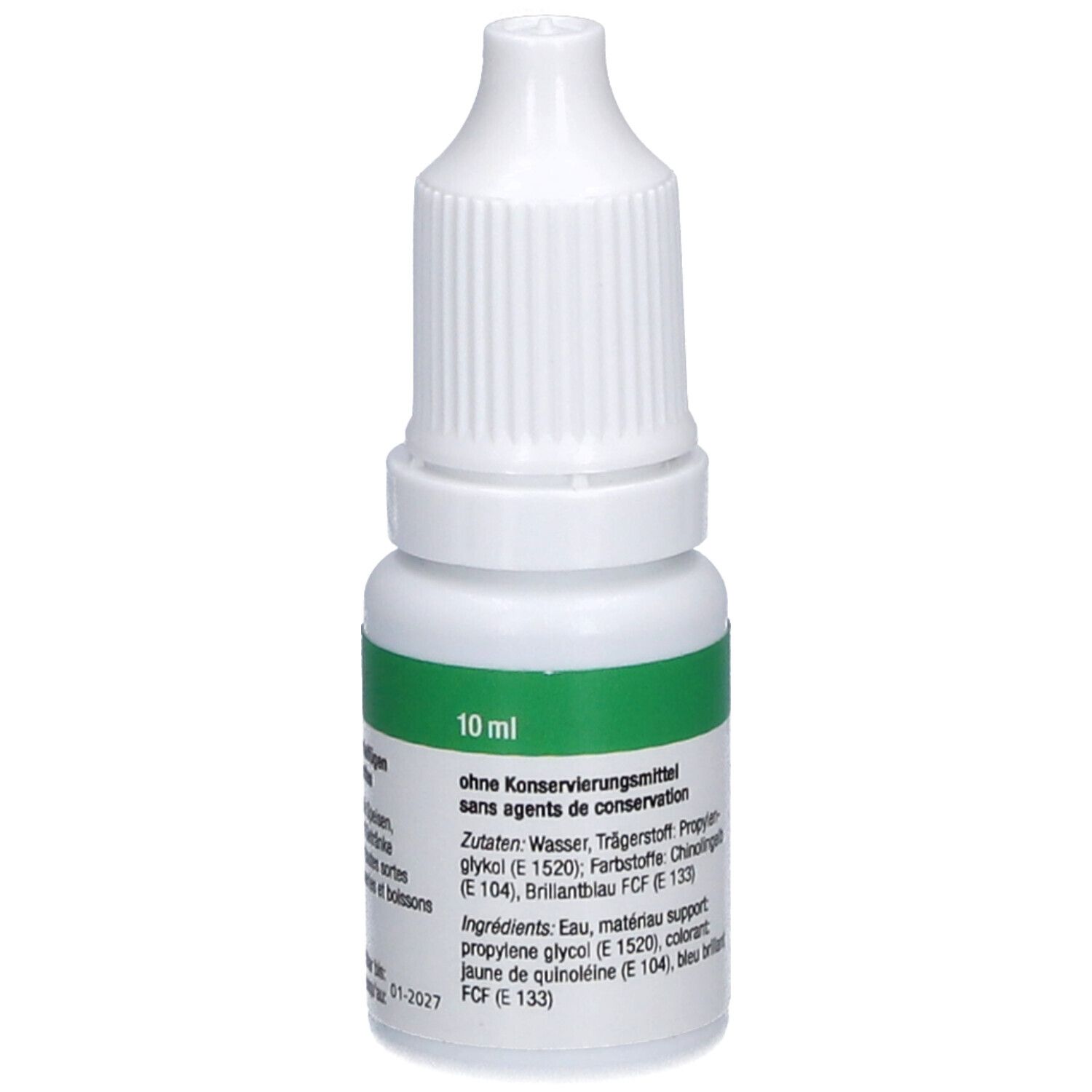 Weiße Flasche mit grünem Etikett. Aufschrift: 10 ml, ohne Konservierungsstoffe. Enthält Inhaltsstoffe.