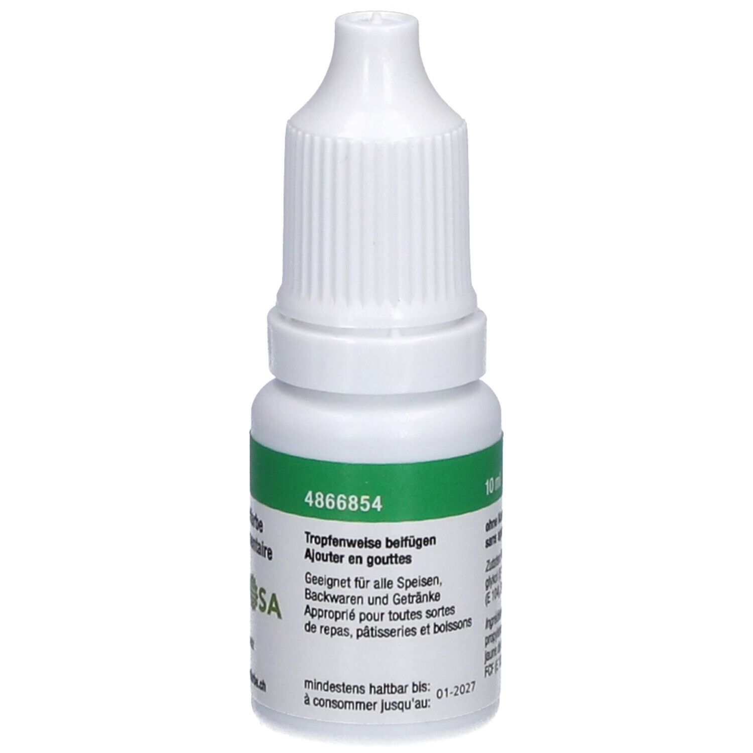Weiße Flasche mit grünem Etikett. Aufschrift: 10 ml, Tropfenweise beifügen. Mindestens haltbar bis 01-2027.