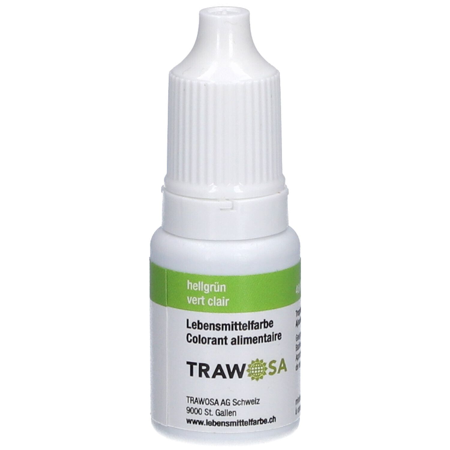 Klar grüne Lebensmittelfarbe in einer weißen Tropfflasche. Aufschrift: TRAWOSA, hellgrün, und "Lebensmittelfarbe".