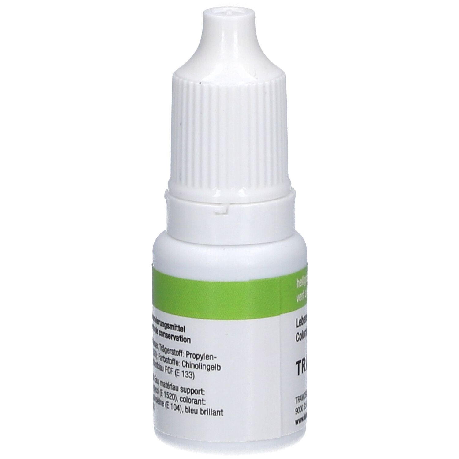 Weiße Tropfflasche mit grüner Banderole. Aufschrift: TRAWOSA. Rückseite mit Inhaltsstoffen und weiteren Informationen.