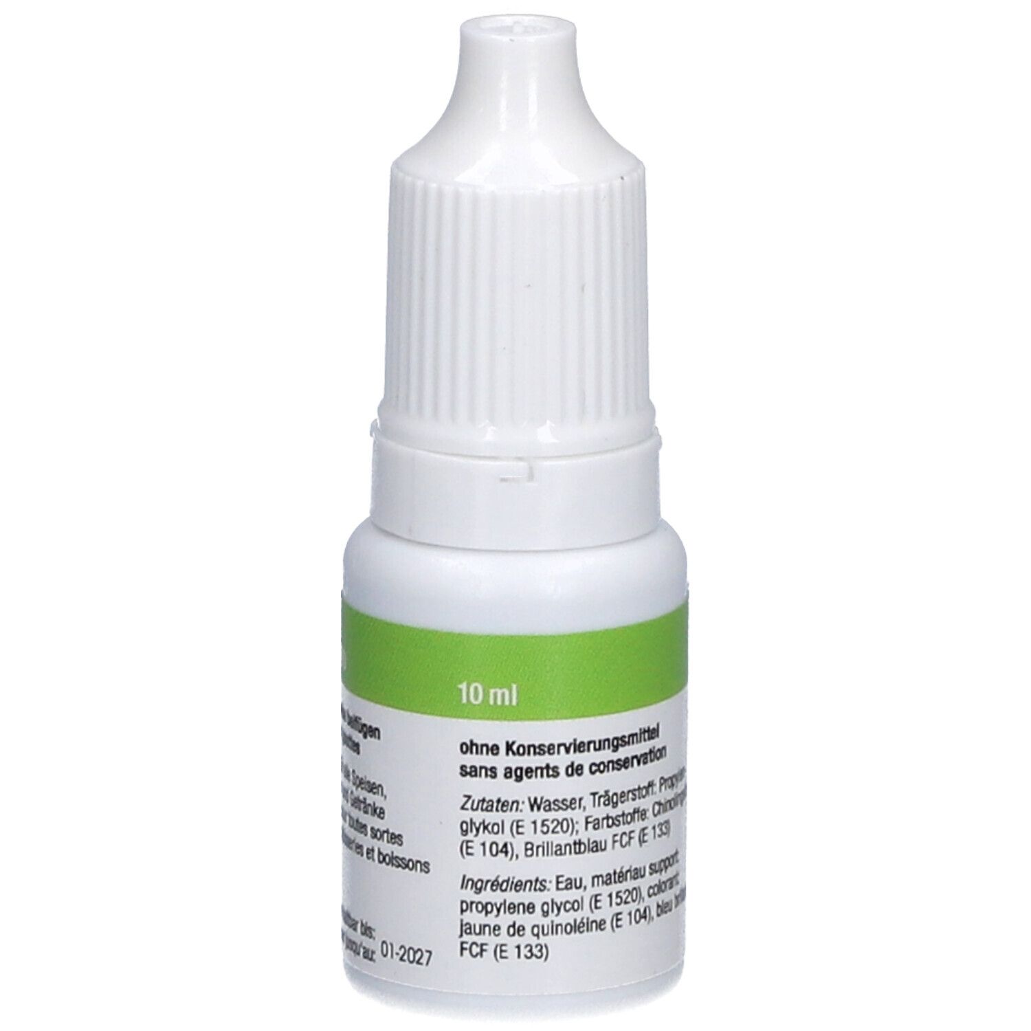 Weiße Tropfflasche mit grüner Banderole. Aufschrift: 10 ml. Zutatenliste und weitere Informationen.