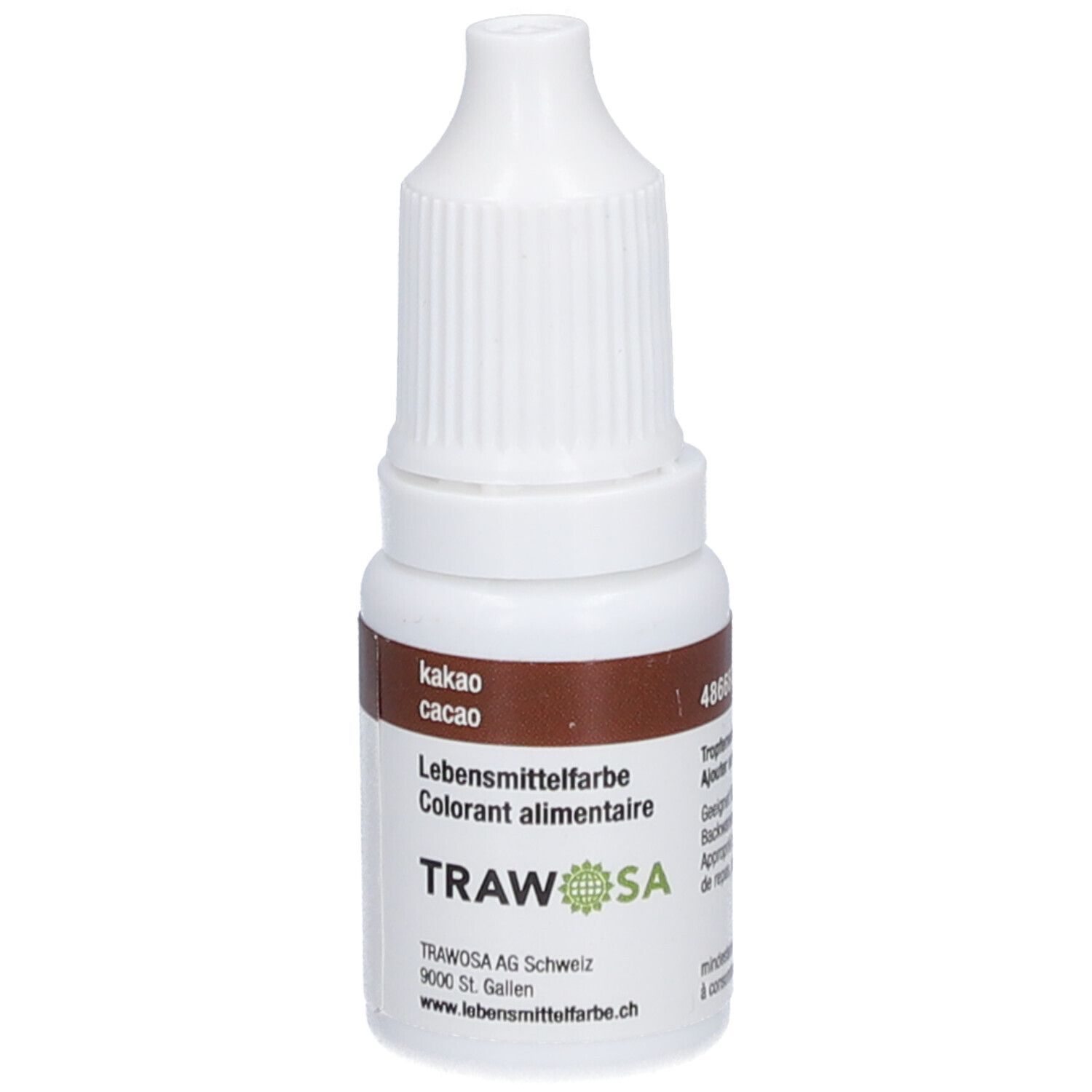 Lebensmittelfarbe Kakaofarbstoff in einer weißen Tropfflasche. Aufschrift: TRAWOSA, Kakaofarbstoff, Colorant alimentaire.