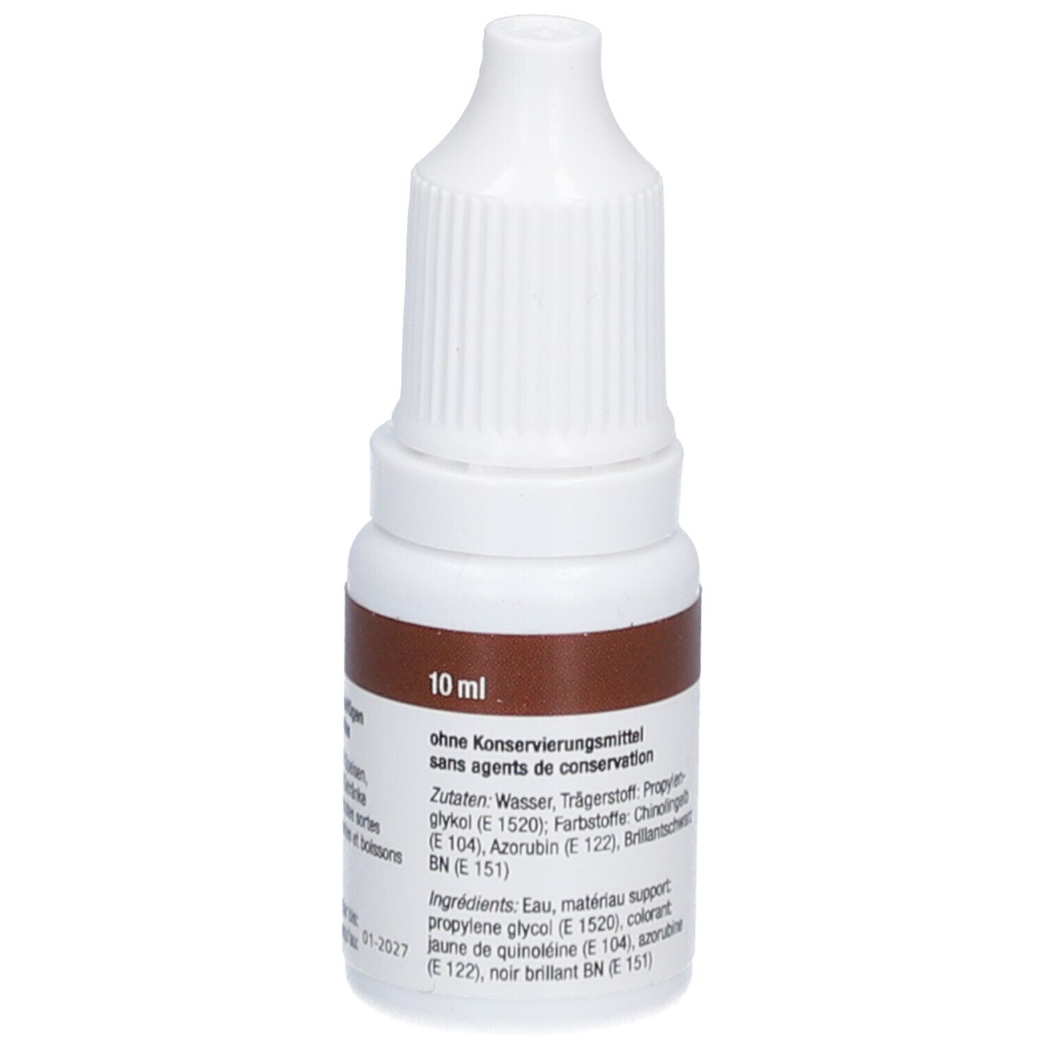 Weiße Tropfflasche mit braunem Etikett. Aufschrift: 10 ml, ohne Konservierungsstoffe. Zutaten und Inhaltsstoffe.