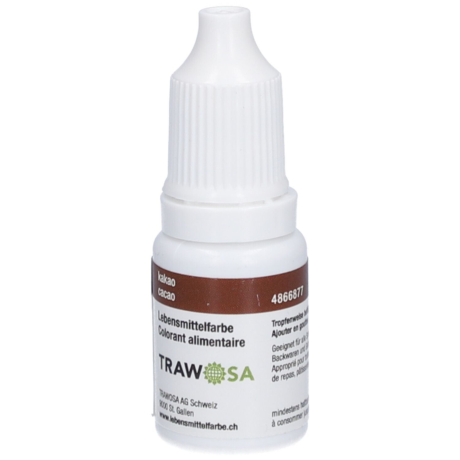 Weiße Tropfflasche mit braunem Etikett. Aufschrift: Kakaofarbstoff, Colorant alimentaire. Artikelnummer: 4866877.