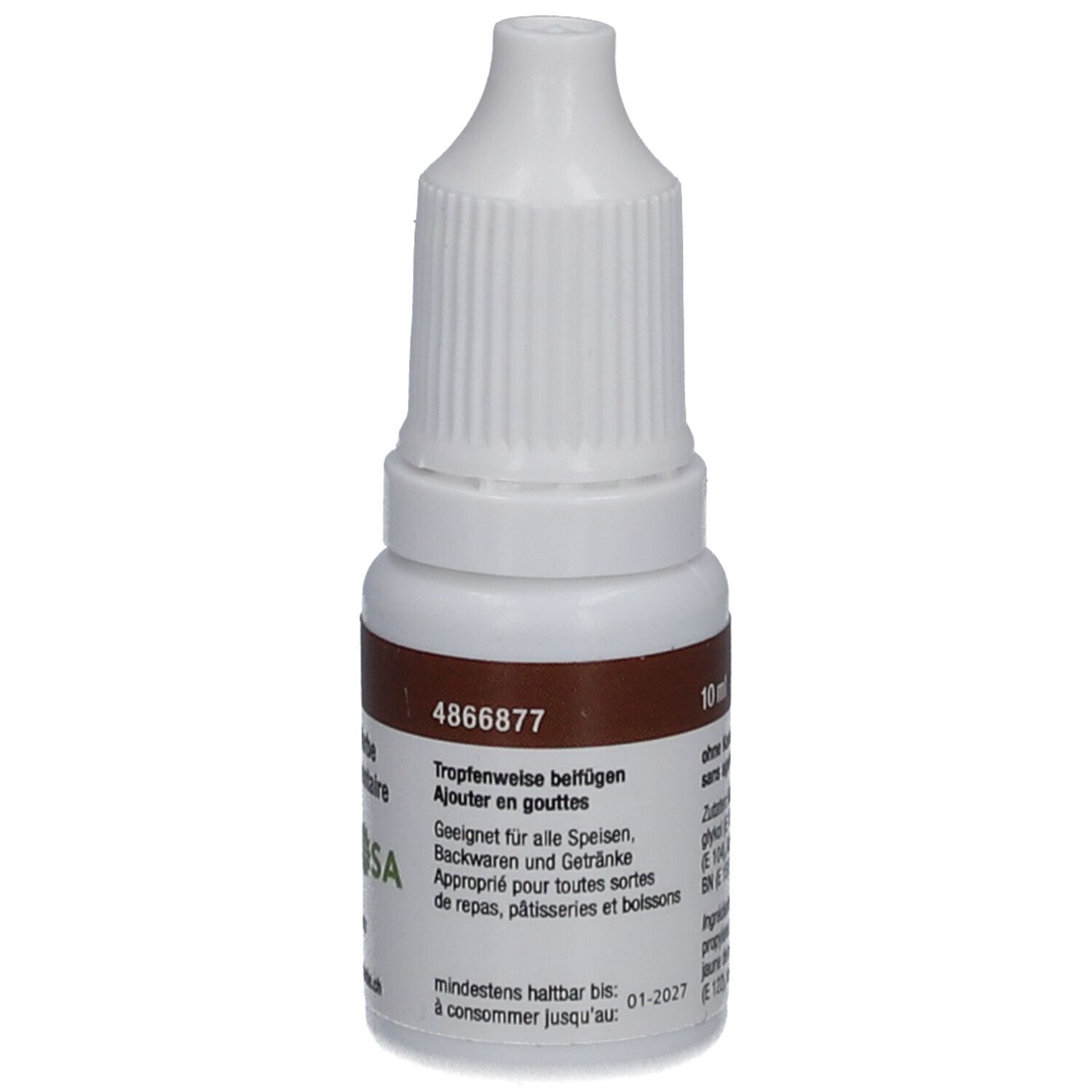 Weiße Tropfflasche mit braunem Etikett. Aufschrift: Kakaofarbstoff, Colorant alimentaire. Artikelnummer: 4866877, 10 ml.