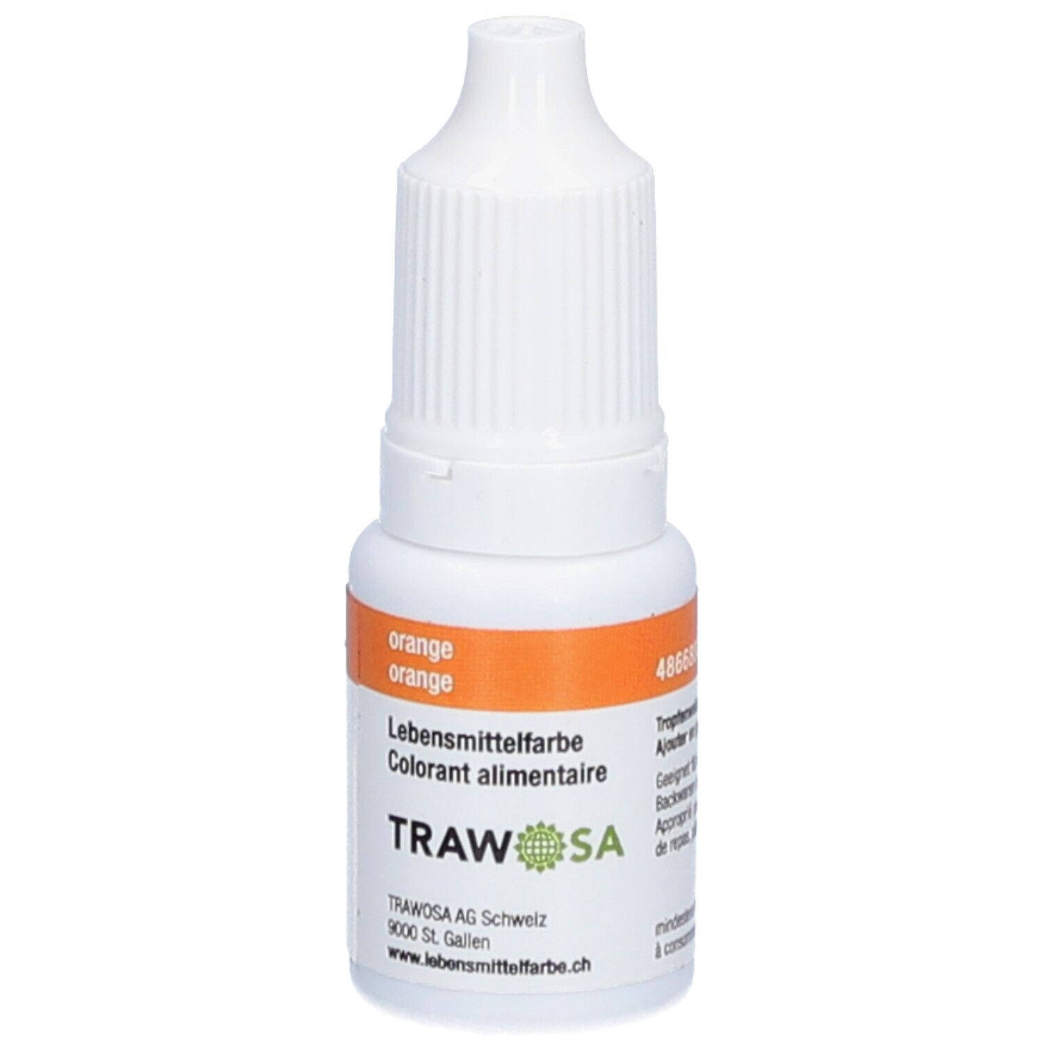 Weiße Flasche mit orangefarbenem Etikett. Aufschrift: Lebensmittelfarbe orange, TRAWOSA.