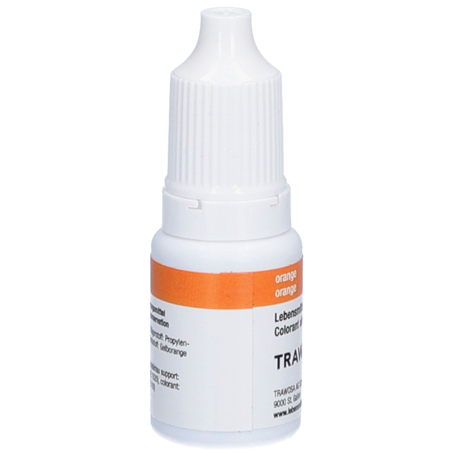 Weiße Flasche mit orangefarbenem Etikett. Aufschrift: Lebensmittelfarbe orange, TRAWOSA.