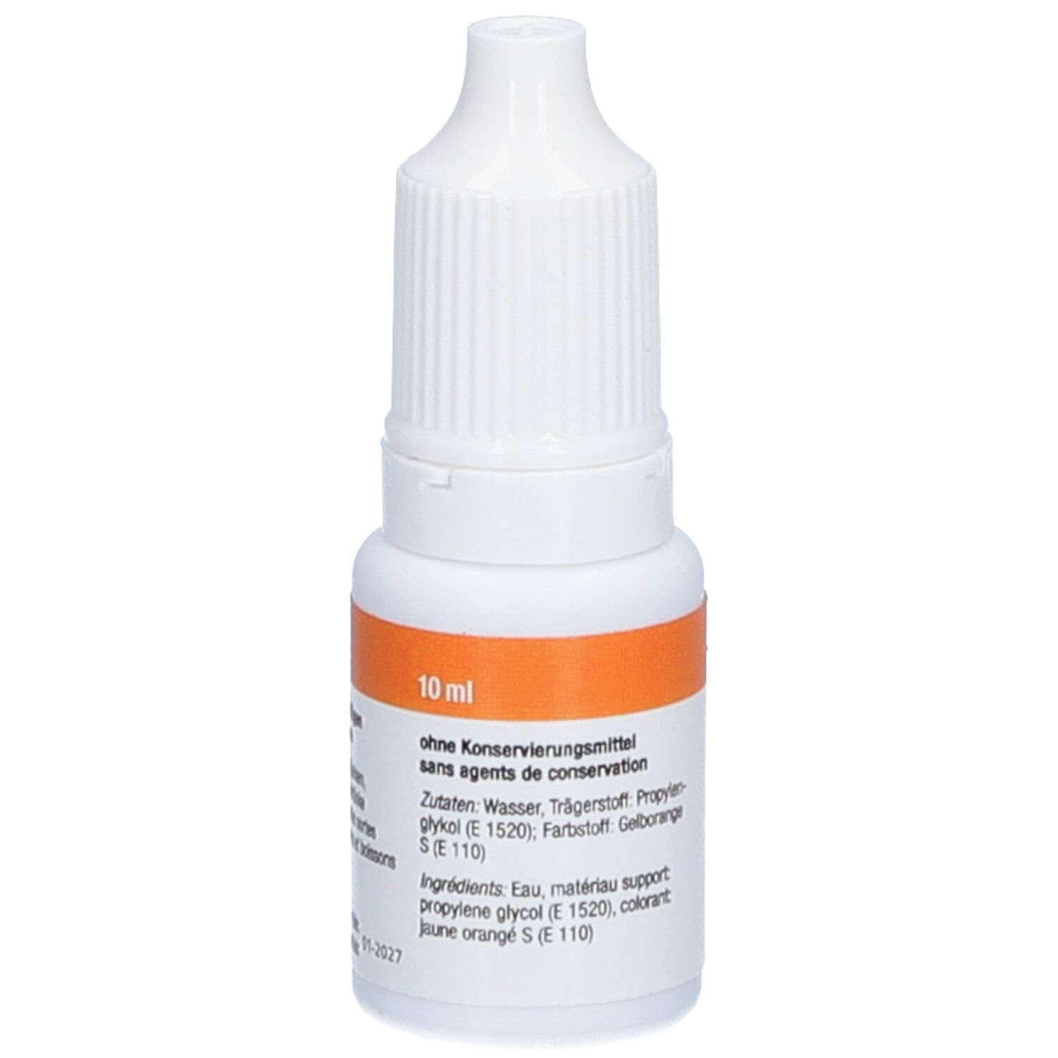 Weiße Flasche mit orangefarbenem Etikett. Aufschrift: 10 ml, Zutaten, TRAWOSA.