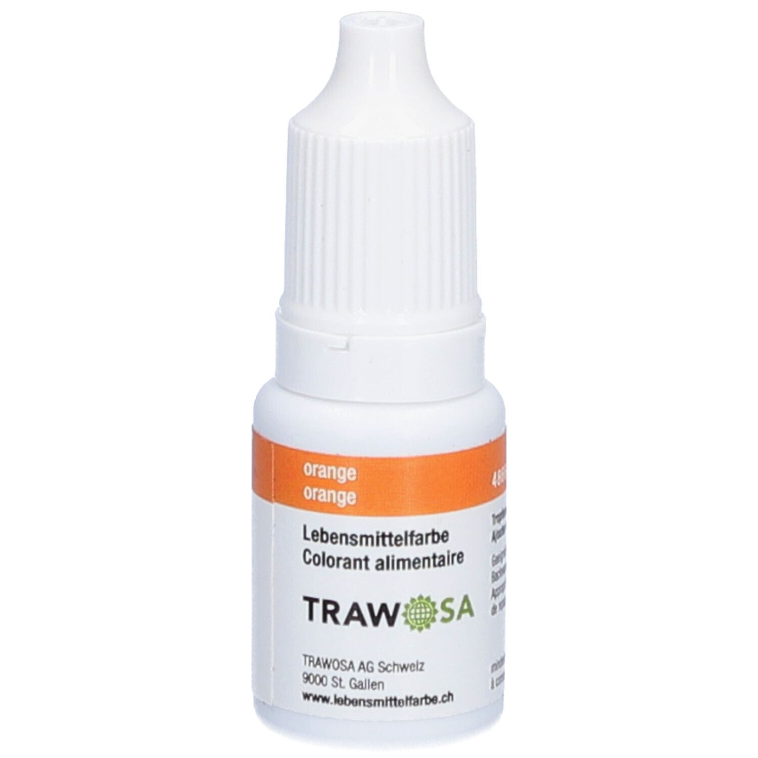 Weiße Flasche mit orangefarbenem Etikett. Aufschrift: Lebensmittelfarbe orange, TRAWOSA.