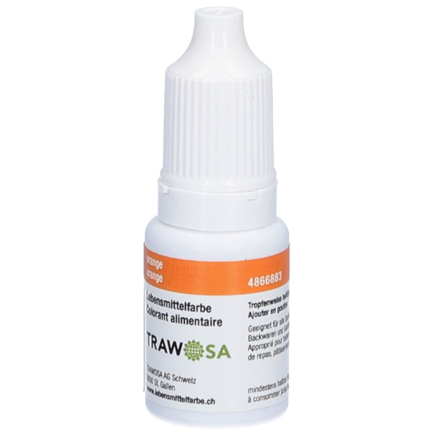 Weiße Flasche mit orangefarbenem Etikett. Aufschrift: Lebensmittelfarbe orange, TRAWOSA, 4866883.
