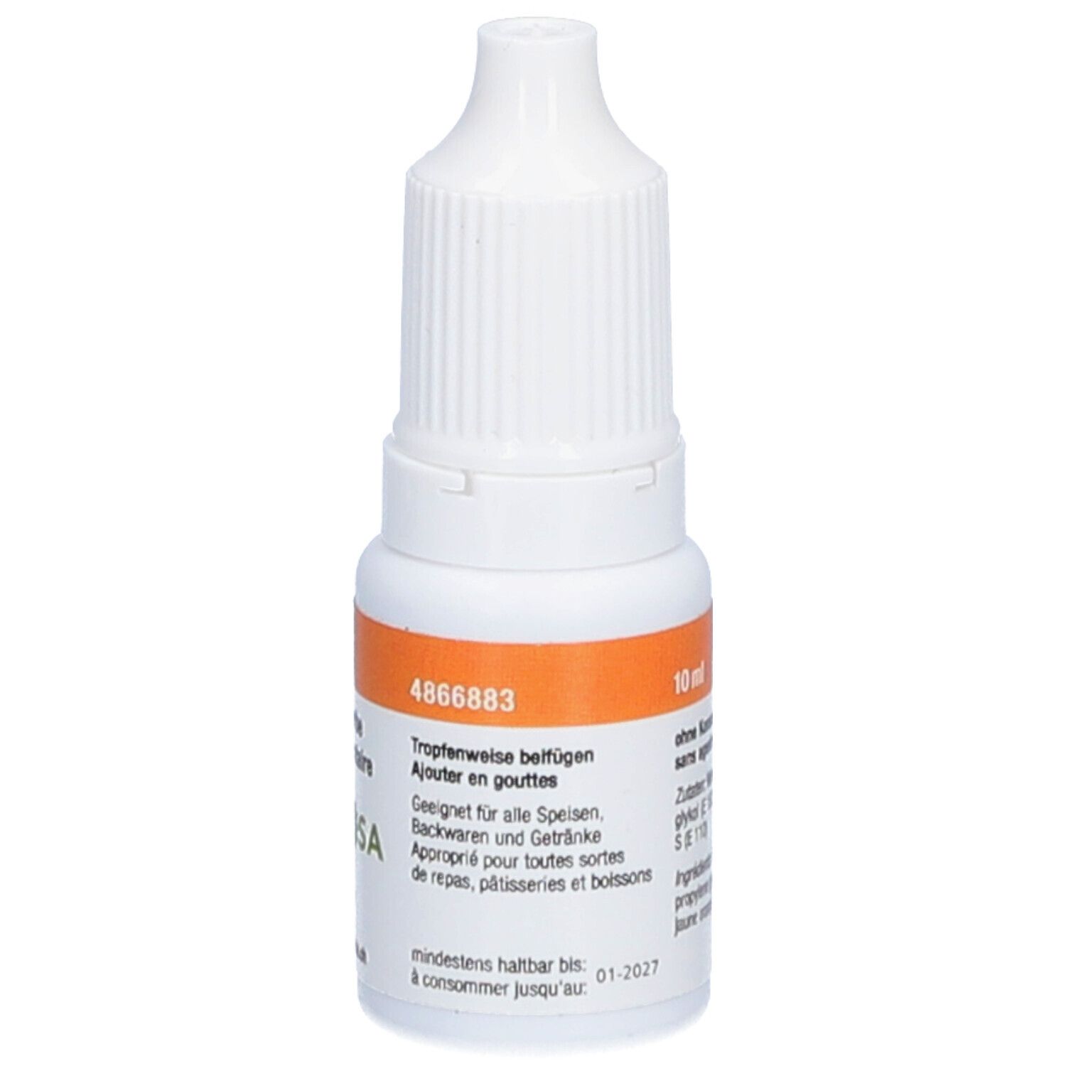 Weiße Flasche mit orangefarbenem Etikett. Aufschrift: 10 ml, 4866883, TRAWOSA.