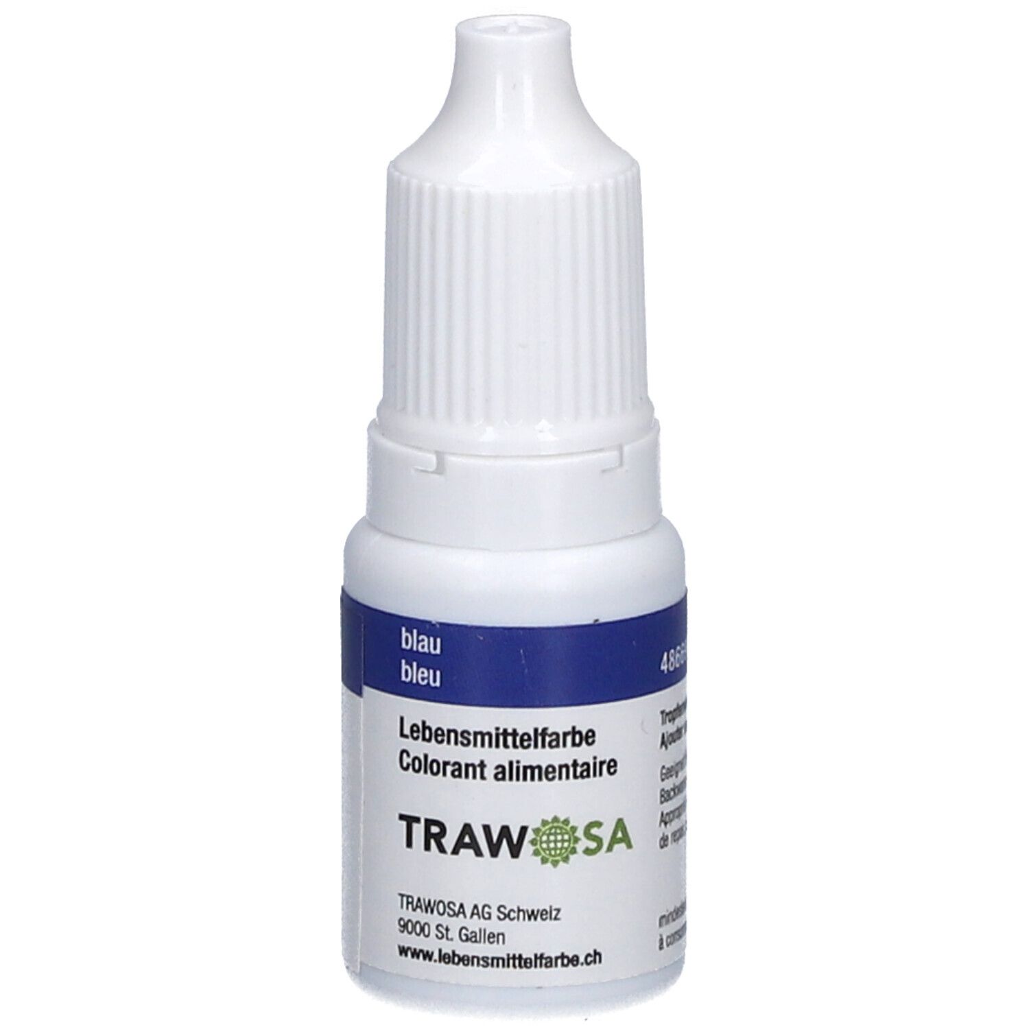 Colorant alimentaire bleu en flacon compte-gouttes blanc. Inscription: TRAWOSA, bleu, blau, Colorant alimentaire.