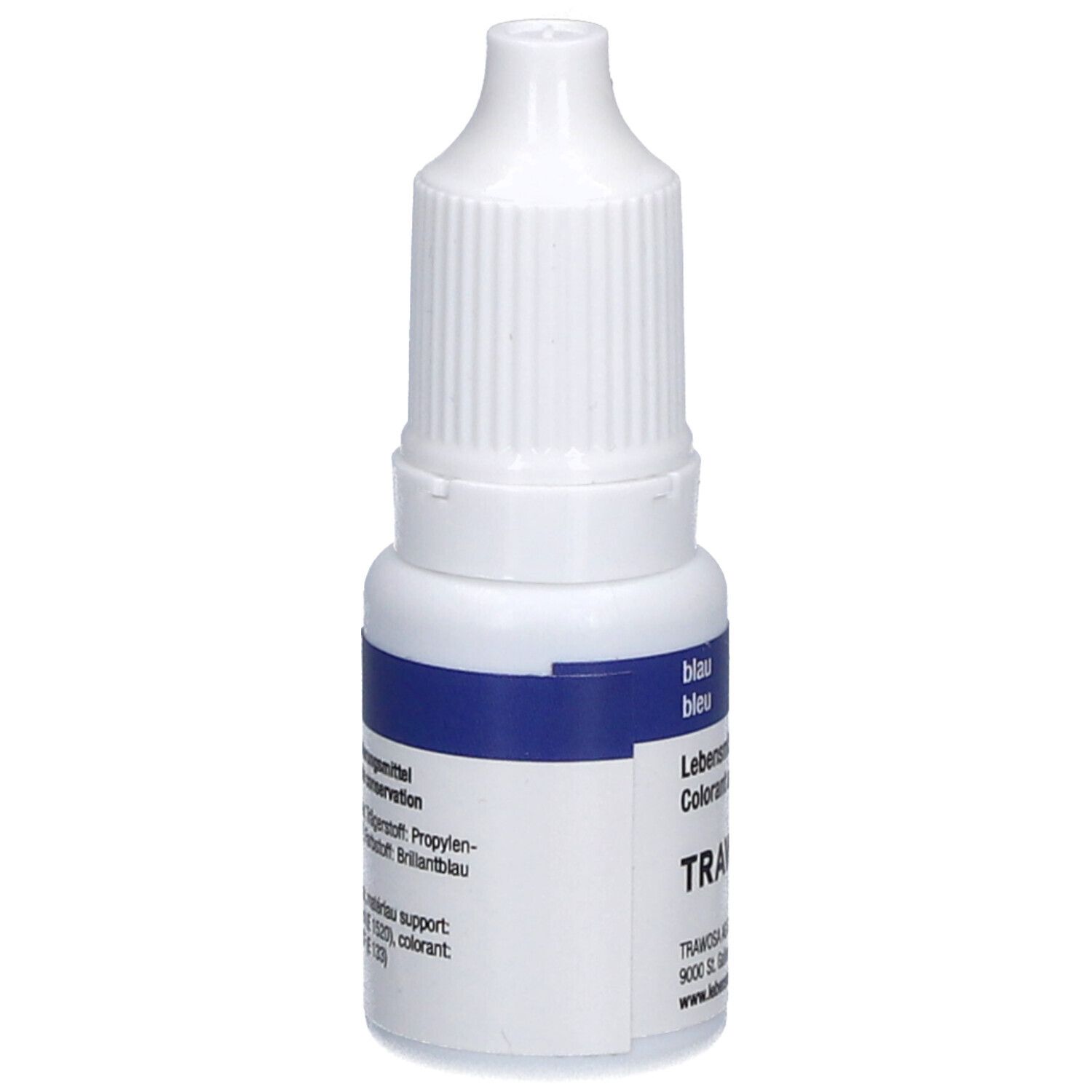 Colorant alimentaire bleu en flacon compte-gouttes blanc. Inscription: TRAWOSA, bleu, blau, Colorant alimentaire.