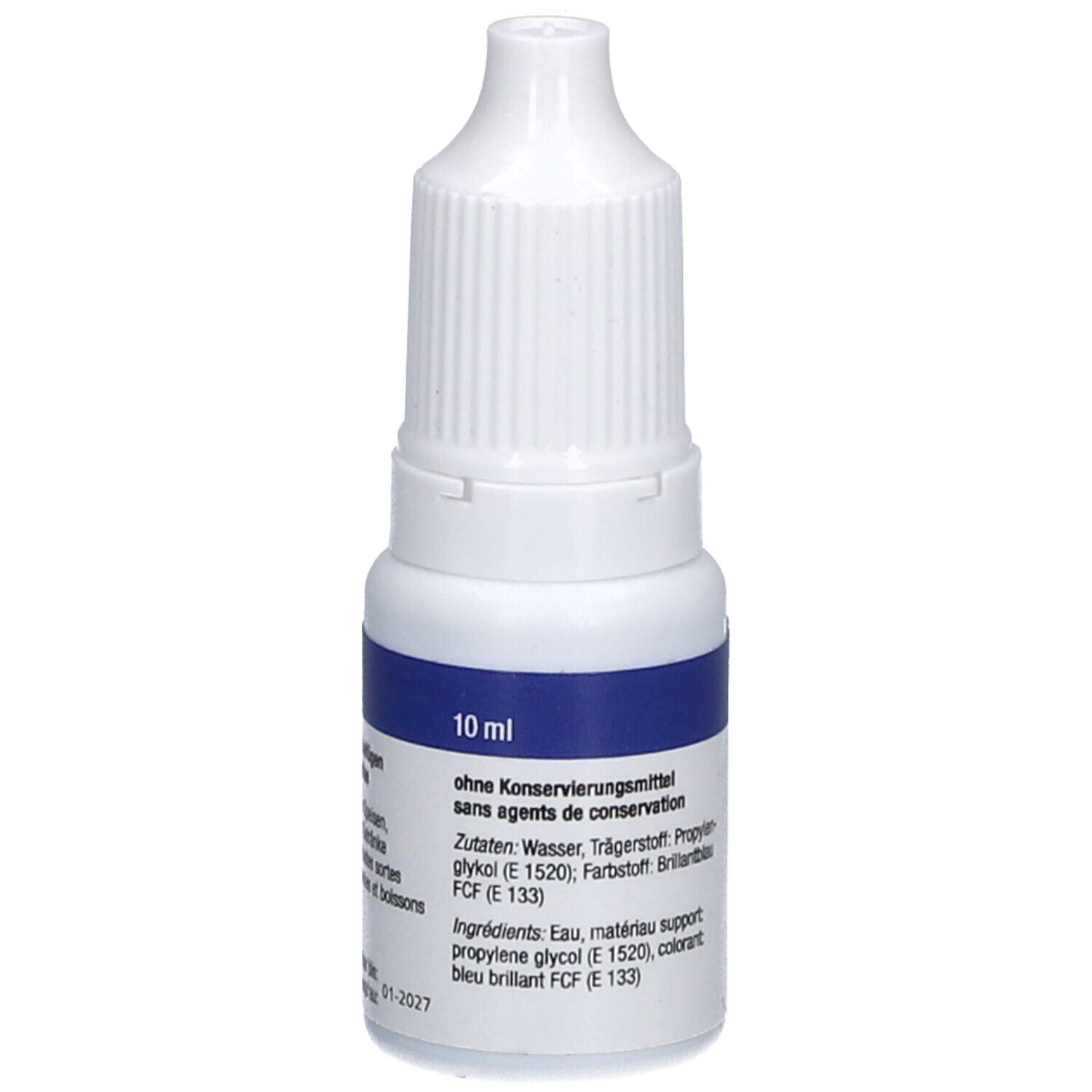Colorant alimentaire bleu en flacon compte-gouttes blanc. Inscription: 10 ml, sans conservateur, ingrédients.