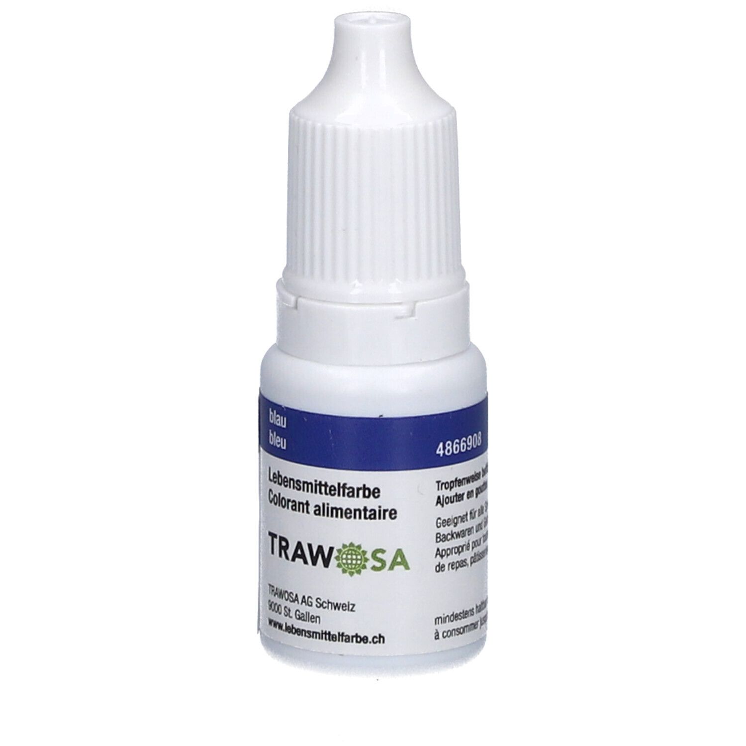 Colorant alimentaire bleu en flacon compte-gouttes blanc. Inscription: TRAWOSA, bleu, blau, Colorant alimentaire, 4866908.