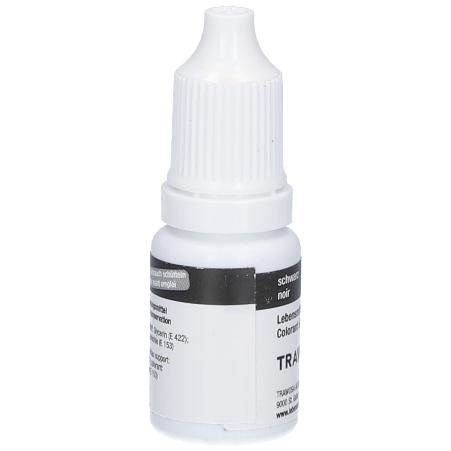 Weiße Flasche mit schwarzem Etikett. Aufschrift: schwarz, Lebensmittelfarbe, TRAWOSA. Tropfflasche.