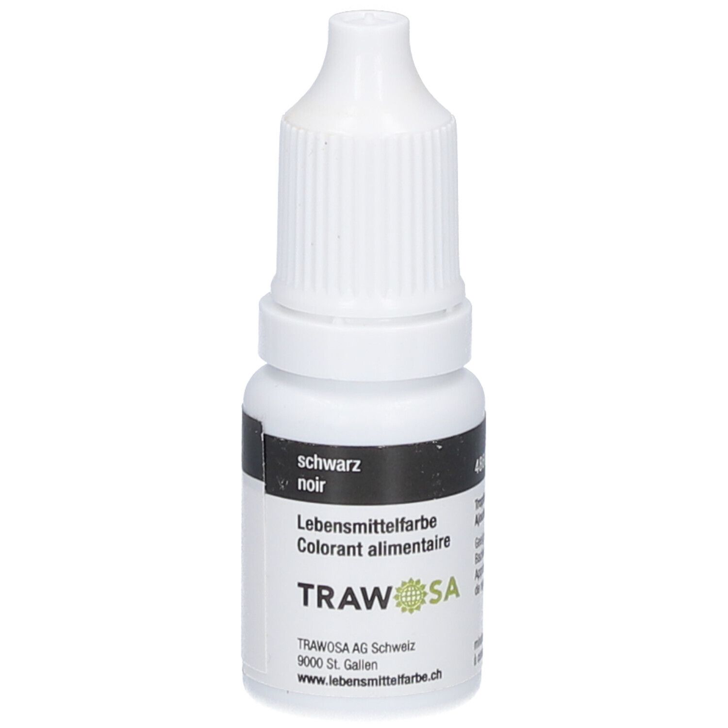 Weiße Flasche mit schwarzem Etikett. Aufschrift: schwarz, Lebensmittelfarbe, TRAWOSA. Tropfflasche.