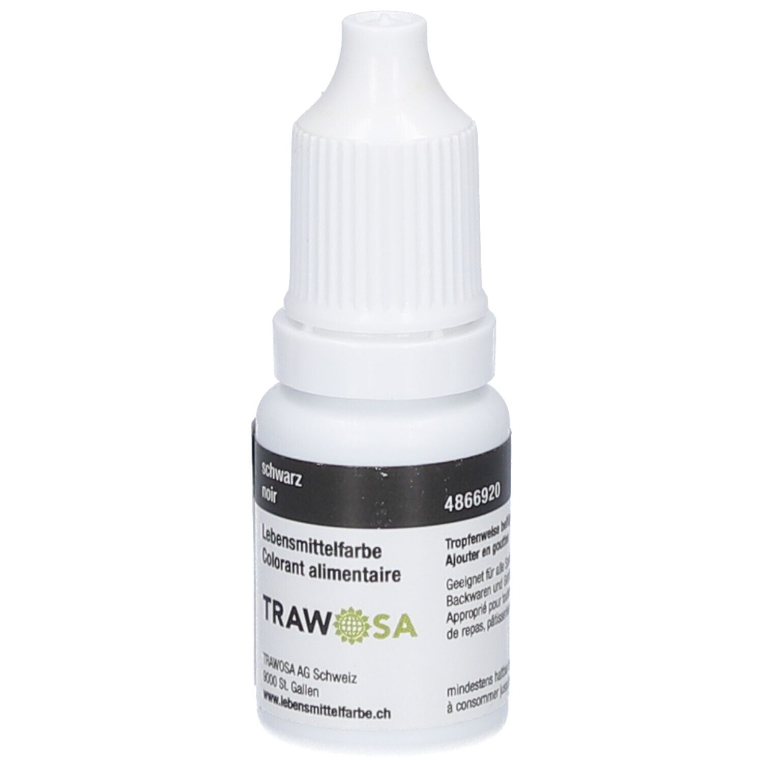 Weiße Flasche mit schwarzem Etikett. Aufschrift: schwarz, Lebensmittelfarbe, TRAWOSA. Tropfflasche.