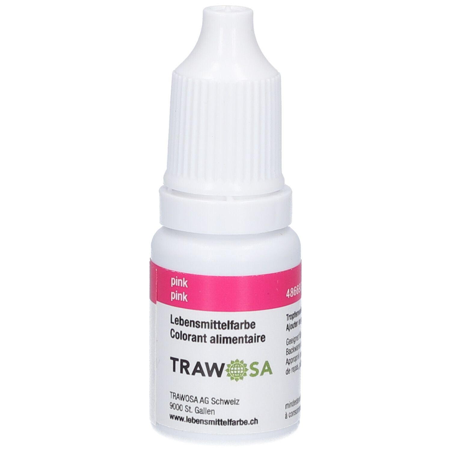 Kleine, weiße Flasche mit rosa Etikett. Auf dem Etikett steht "pink" und "Lebensmittelfarbe". Marke: TRAWOSA.