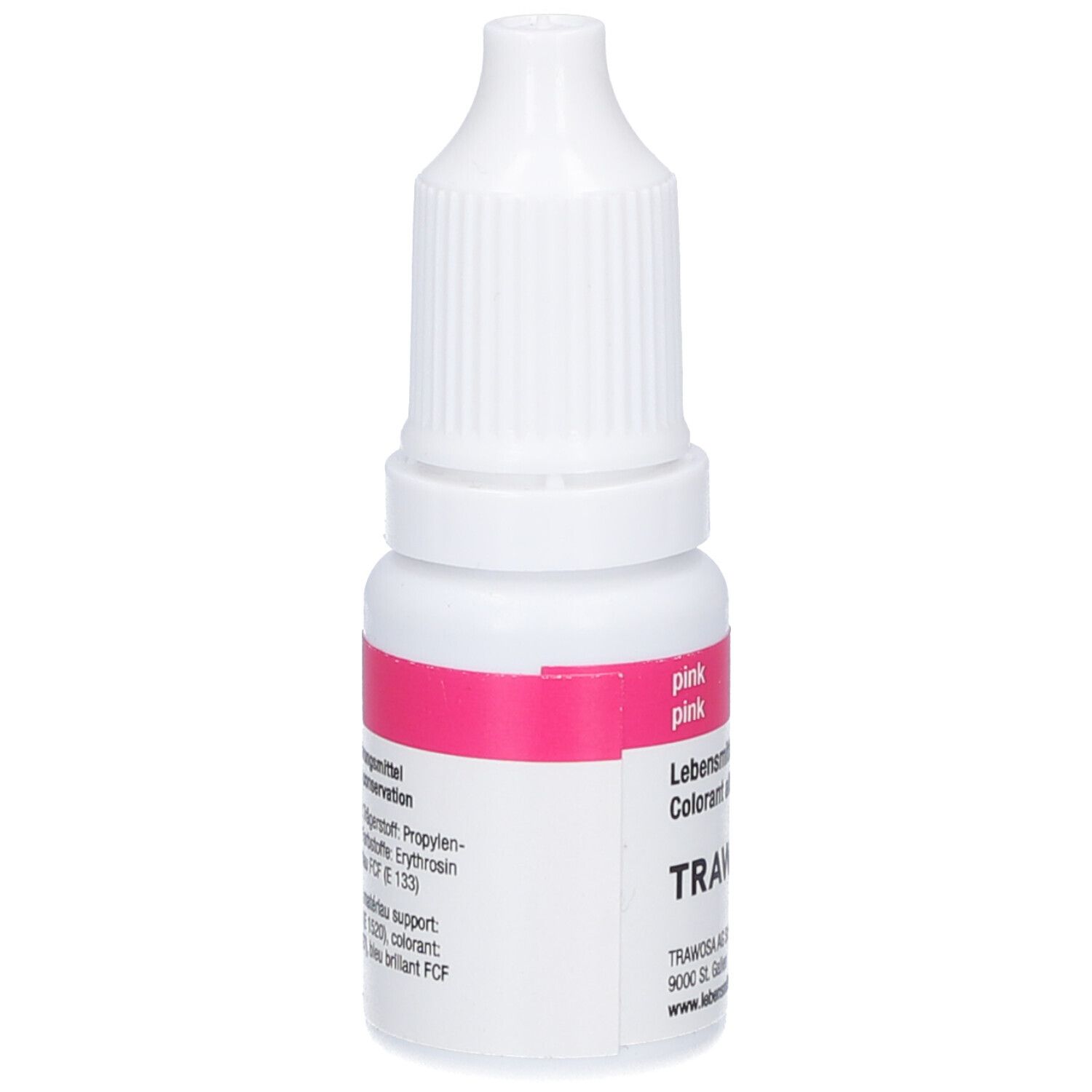 Kleine, weiße Flasche mit rosa Etikett. Auf dem Etikett stehen Inhaltsstoffe und "pink".