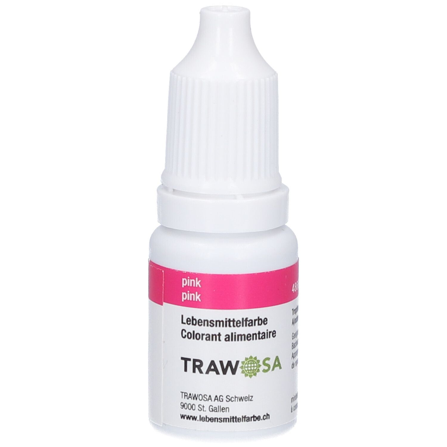 Kleine, weiße Flasche mit rosa Etikett. Auf dem Etikett steht "pink" und "Lebensmittelfarbe". Marke: TRAWOSA.