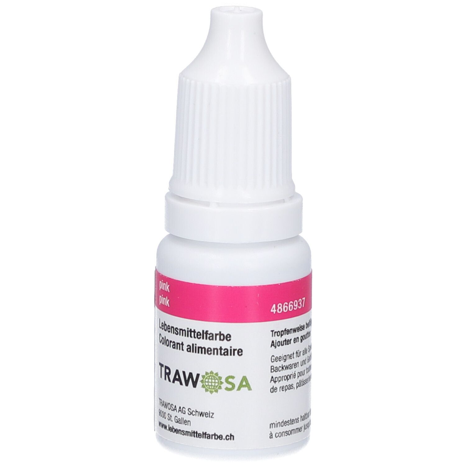 Kleine, weiße Flasche mit rosa Etikett. Auf dem Etikett steht "pink" und "Lebensmittelfarbe". Marke: TRAWOSA. Code: 4866937.