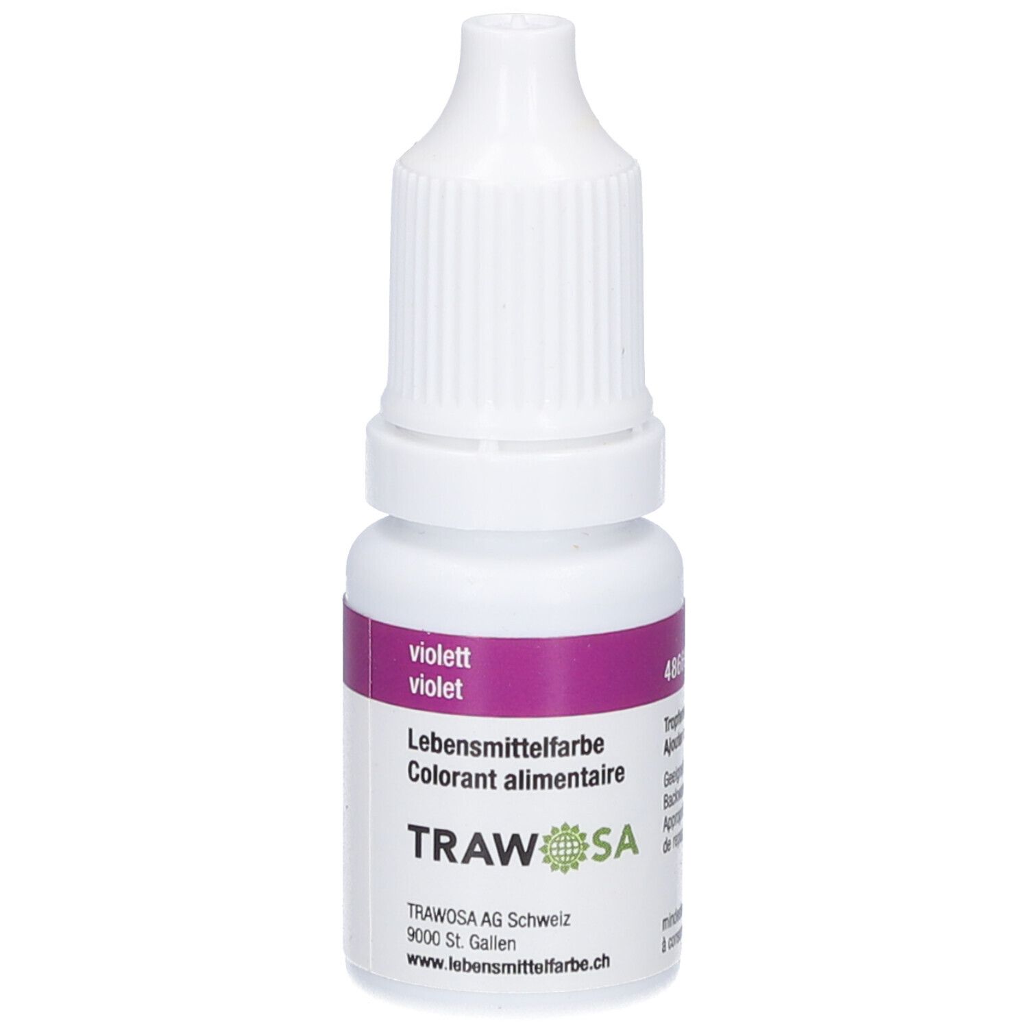 Flacon blanc avec étiquette violette. Inscription : "violet", "Colorant alimentaire". Marque : TRAWOSA.